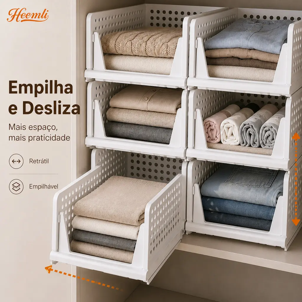 Cesto Organizador Dobrável Empilhável para Guarda-Roupa com Acesso Deslizante Heemli - 1