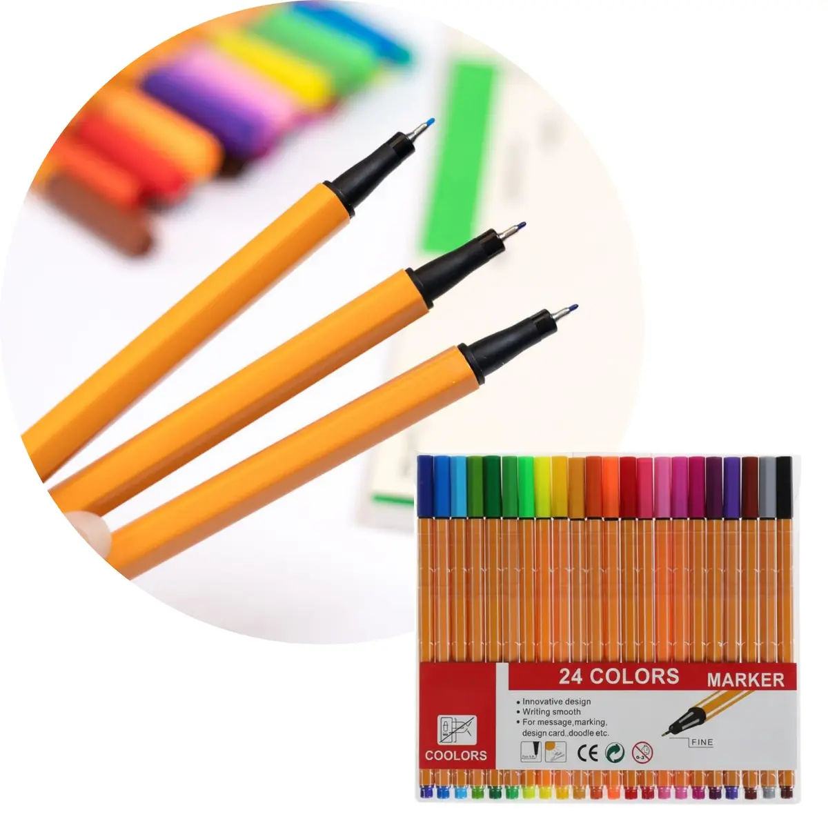 Canetas Coloridas Ponta Fina, Fineline 0.4mm, Kit com 24 Cores | Canetas Coloridas Ponta Fina, Fineline 0.4mm, Estojo com 24 Cores, Ponteira de Metal, Tinta à Base de Água