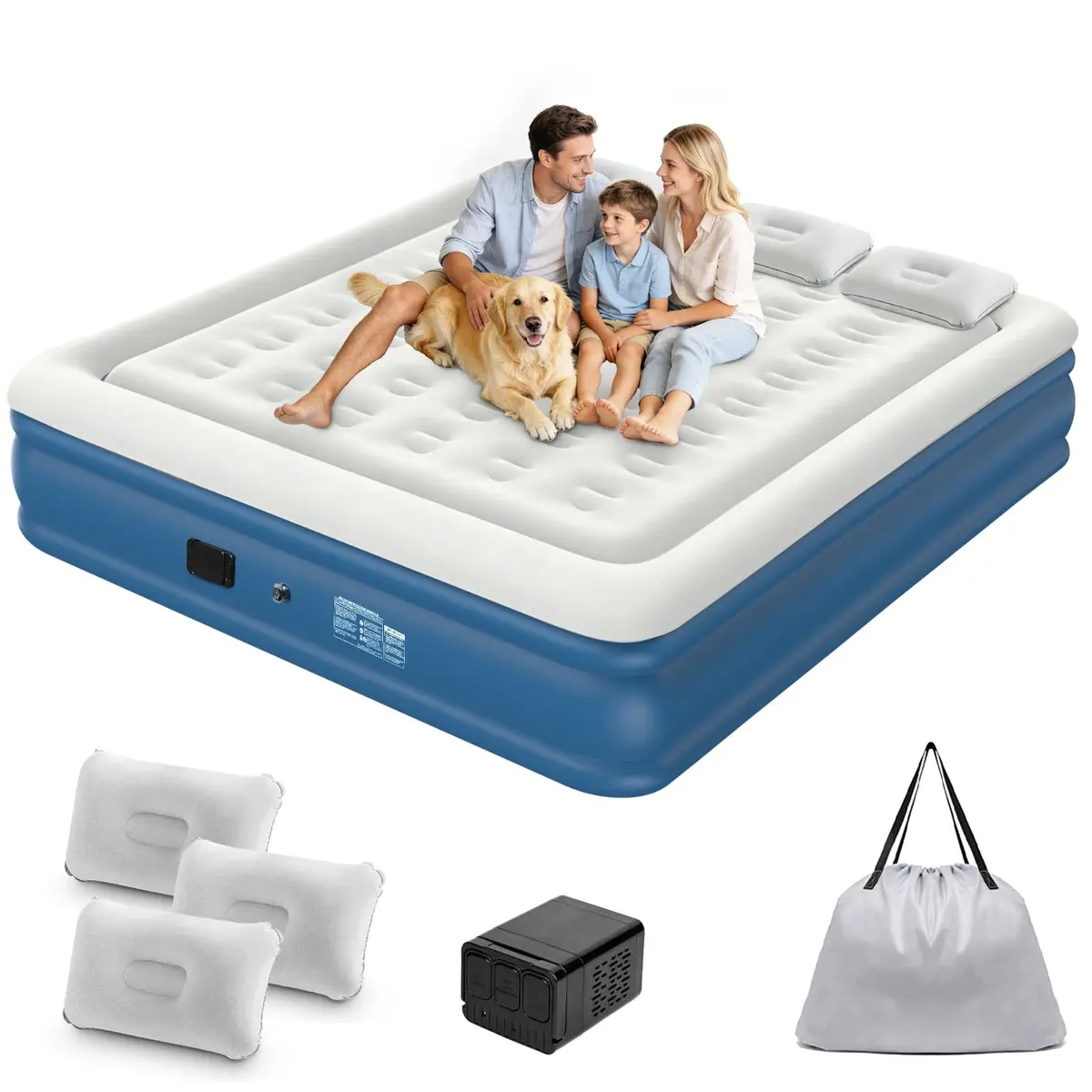 Trailabo Colchão Inflável Casal Deluxe 205 * 180CM com Bomba de ar Elétrica Embutida e Três Travesseiro, Inflação e Deflação Rápidas e Automáticas, para Viagens e Acampamentos - Azul Marinho e Cinza