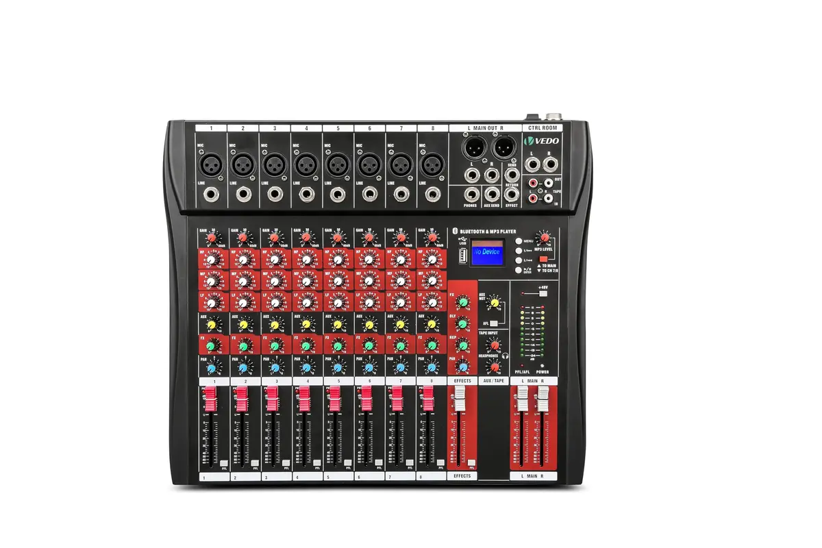 VDA208L Console de mistura,8 Canais Mixer Profissional para Shows ao Vivo, Karaokê - USB/Bluetooth, Efeito de Reverb, Saída de Monitoração, Controle de Som Estúdio e Palco