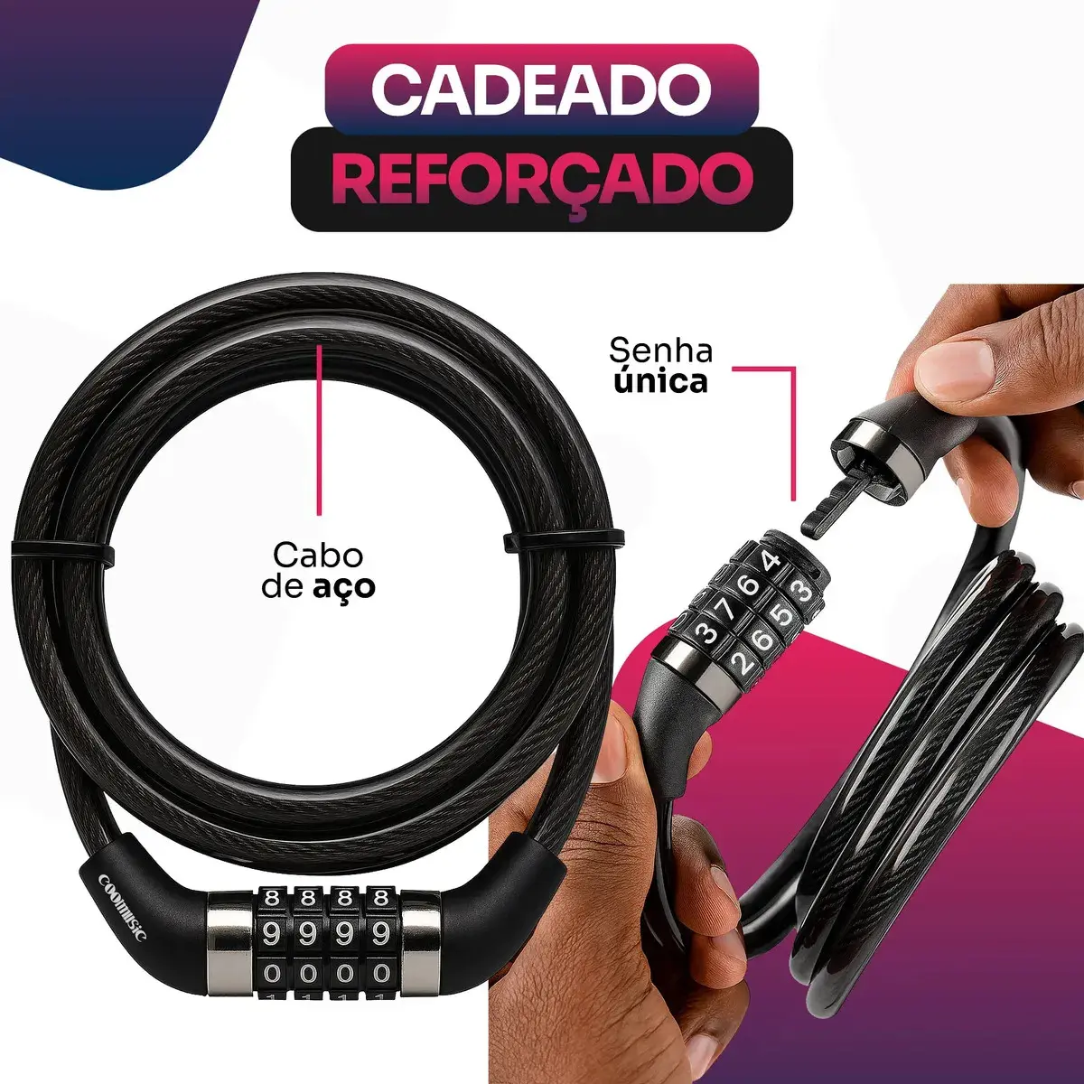 Cadeado Bicicleta Antifurto Trava Com Senha Aço Reforçado Para Bike Moto Corrente Portão Coolmusic Cor Preto thumbnail 2