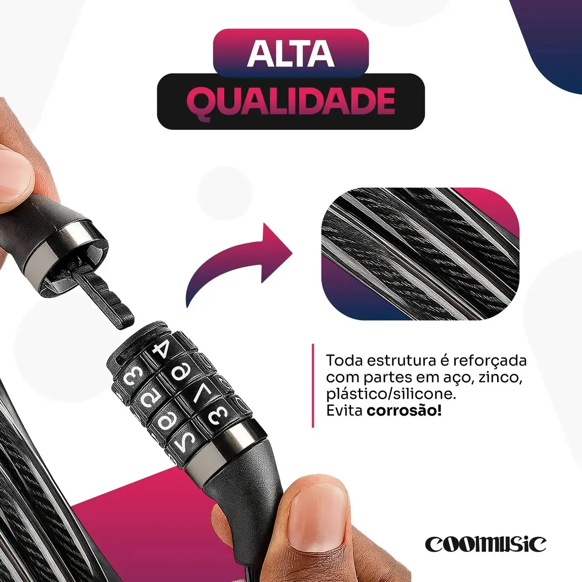 Cadeado Bicicleta Antifurto Trava Com Senha Aço Reforçado Para Bike Moto Corrente Portão Coolmusic Cor Preto thumbnail 3