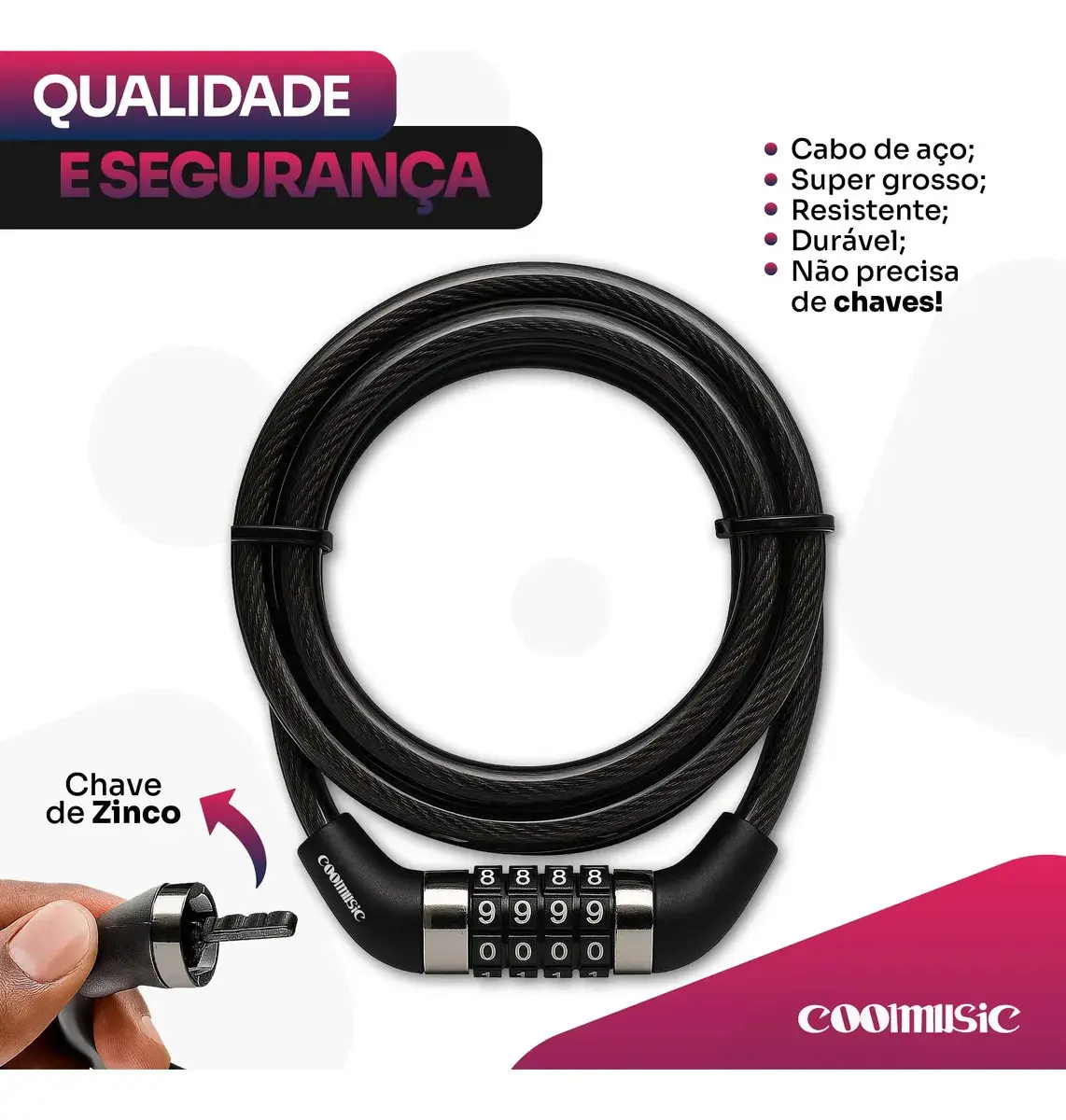 Cadeado Bicicleta Antifurto Trava Com Senha Aço Reforçado Para Bike Moto Corrente Portão Coolmusic Cor Preto thumbnail 5