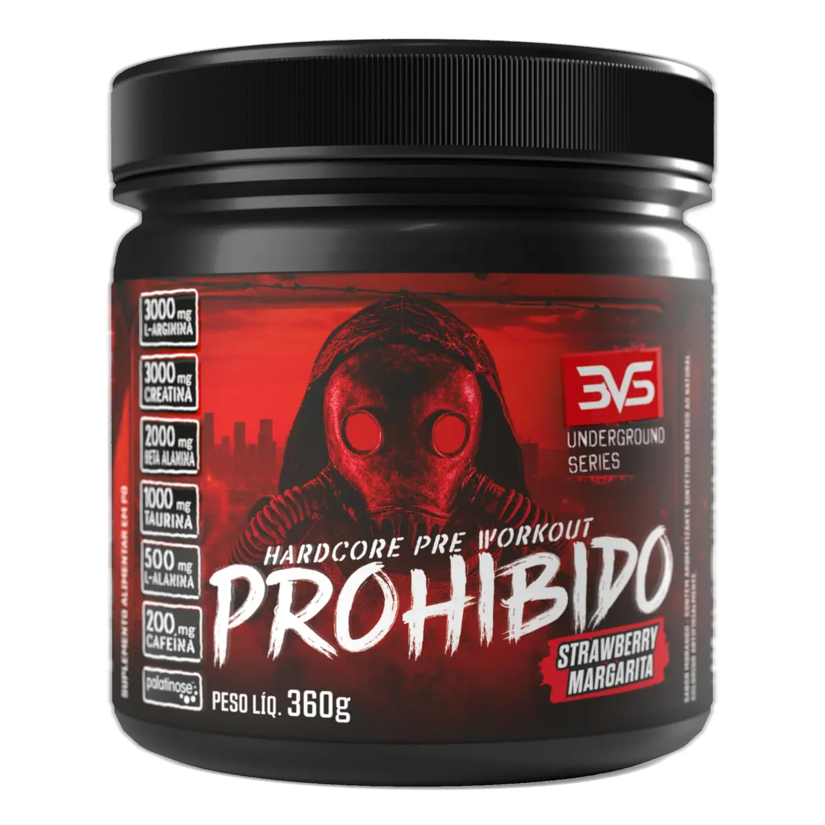Pré-Treino Prohibido Morango 360g 3VS Nutrition | Hardcore Underground · Cafeína 200mg por Dose + Beta Alanina + Creatina