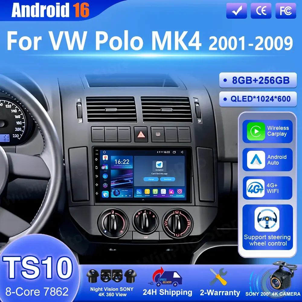 Rádio Automotivo Android 16 para VW Polo MK4 2001 2002 2003 2004 2005 2006 2007 2008 2009 Reprodutor Multimídia Automotivo com CarPlay e Navegação GPS - 1