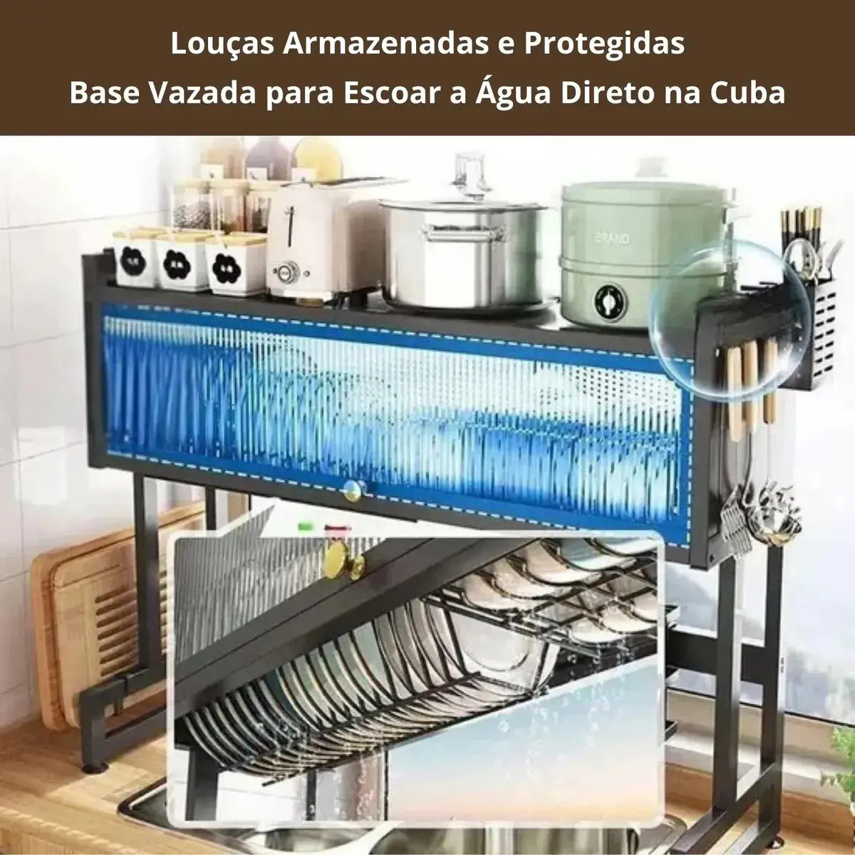 Escorredor de Louças Suspenso 65cm Preto Zelvi para Pratos Copos Talheres Organizador Pia Cozinha com Armário em Aço thumbnail 4