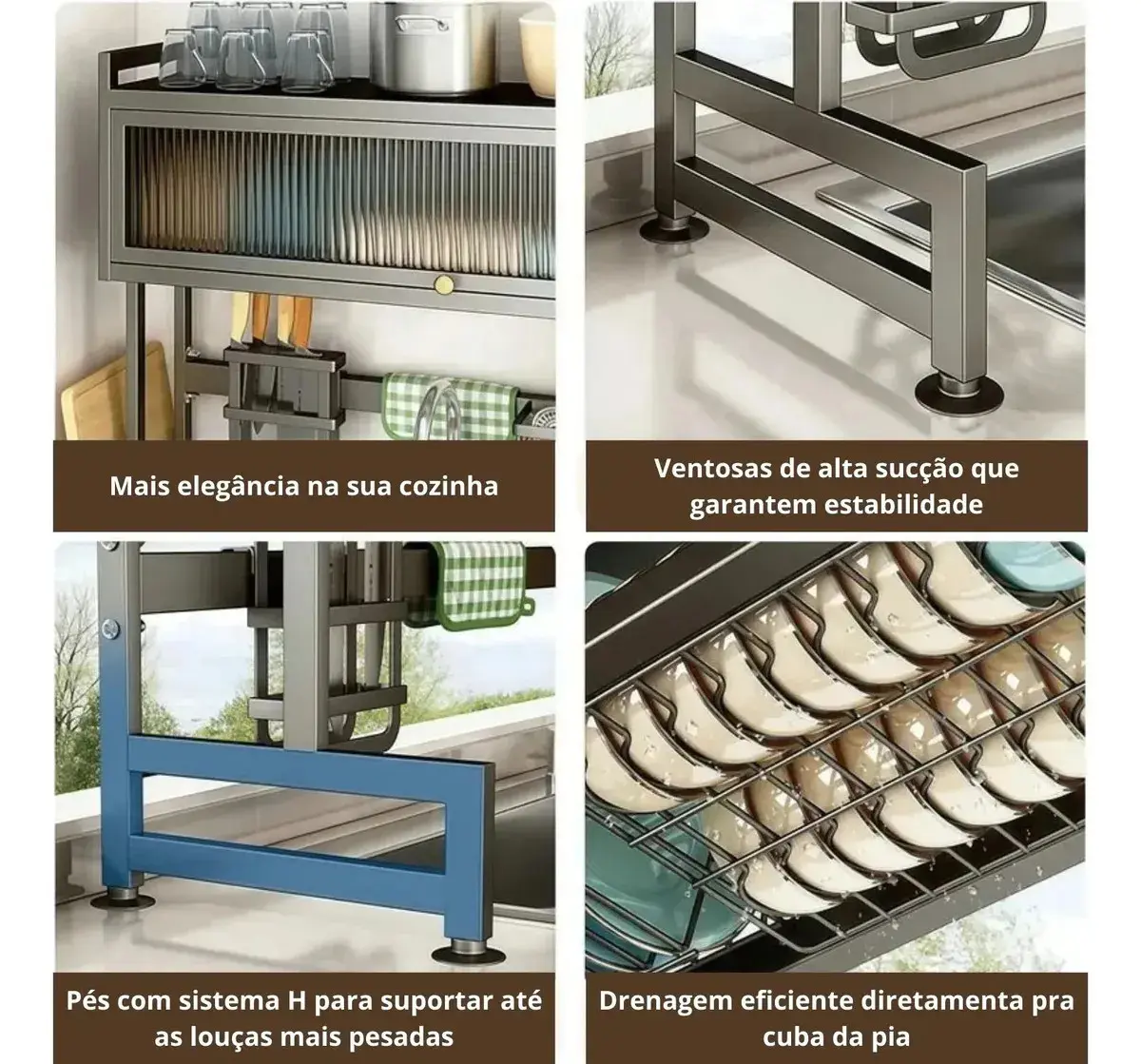 Escorredor de Louças Suspenso 65cm Preto Zelvi para Pratos Copos Talheres Organizador Pia Cozinha com Armário em Aço thumbnail 5