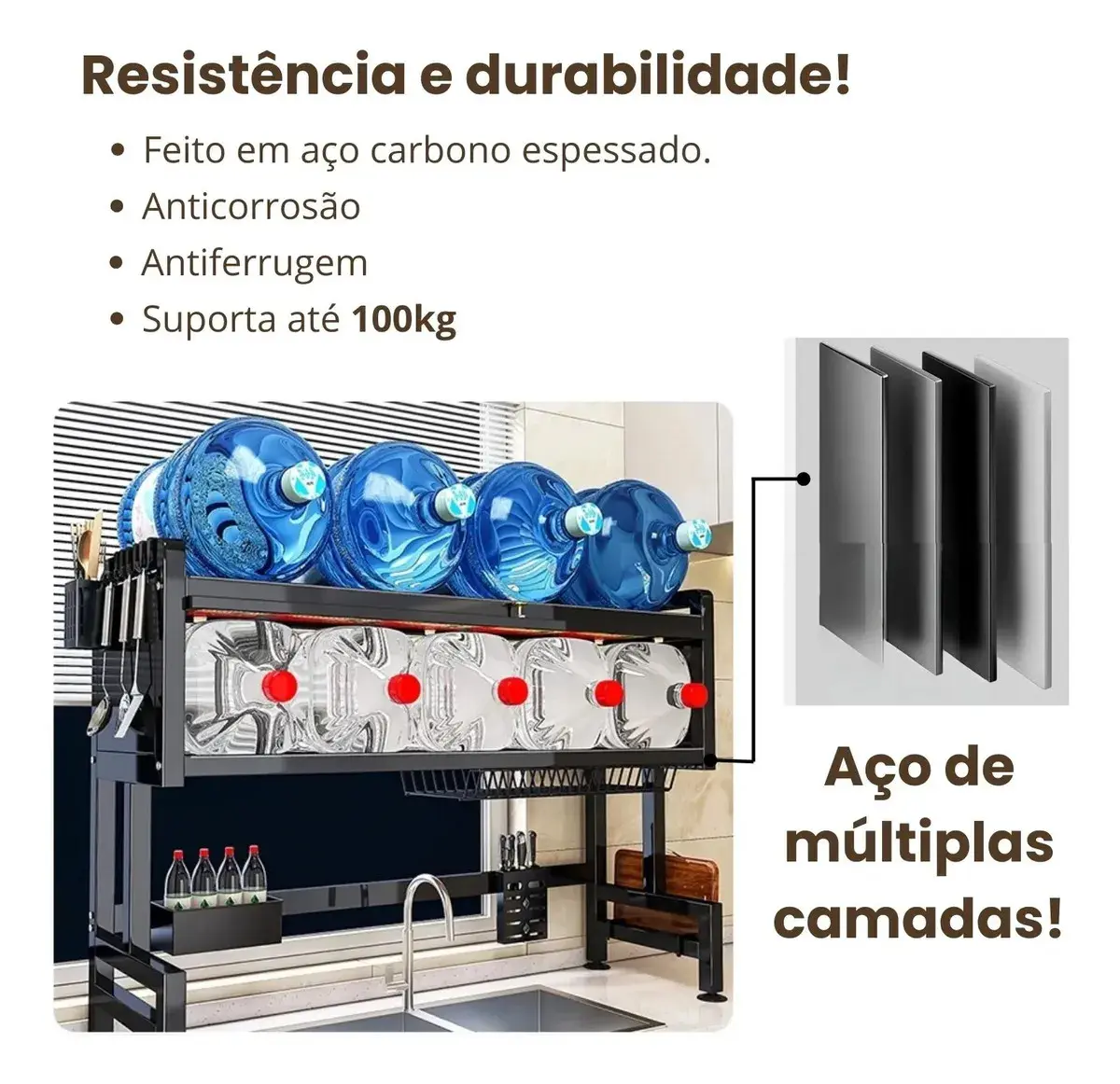 Escorredor de Louças Suspenso 65cm Preto Zelvi para Pratos Copos Talheres Organizador Pia Cozinha com Armário em Aço thumbnail 6