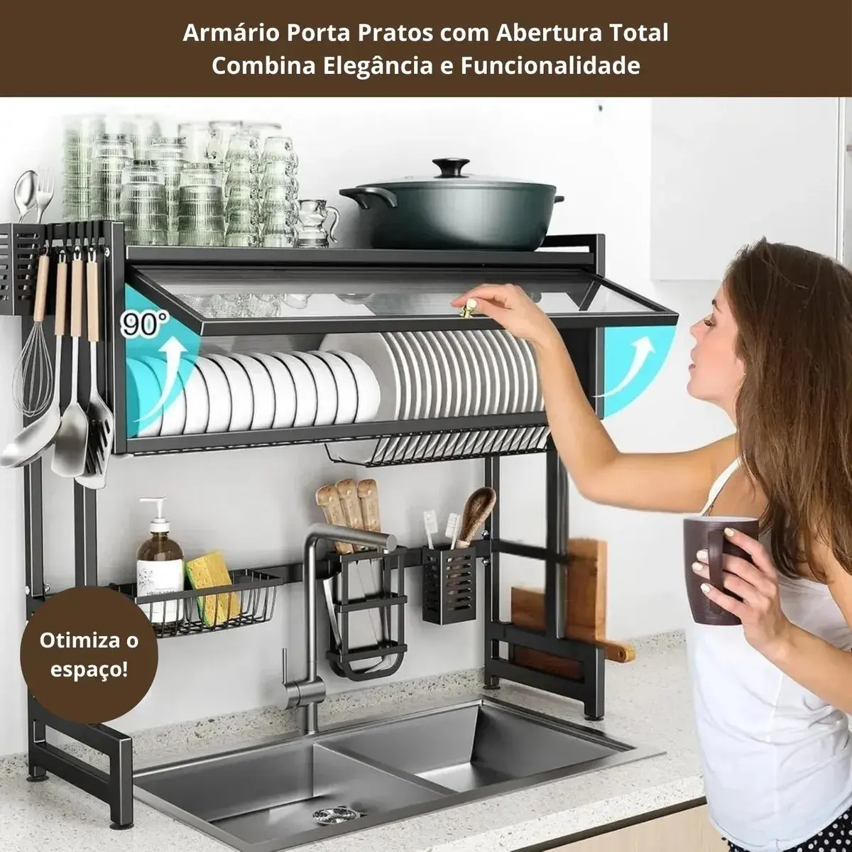Escorredor de Louças Suspenso 65cm Preto Zelvi para Pratos Copos Talheres Organizador Pia Cozinha com Armário em Aço thumbnail 7
