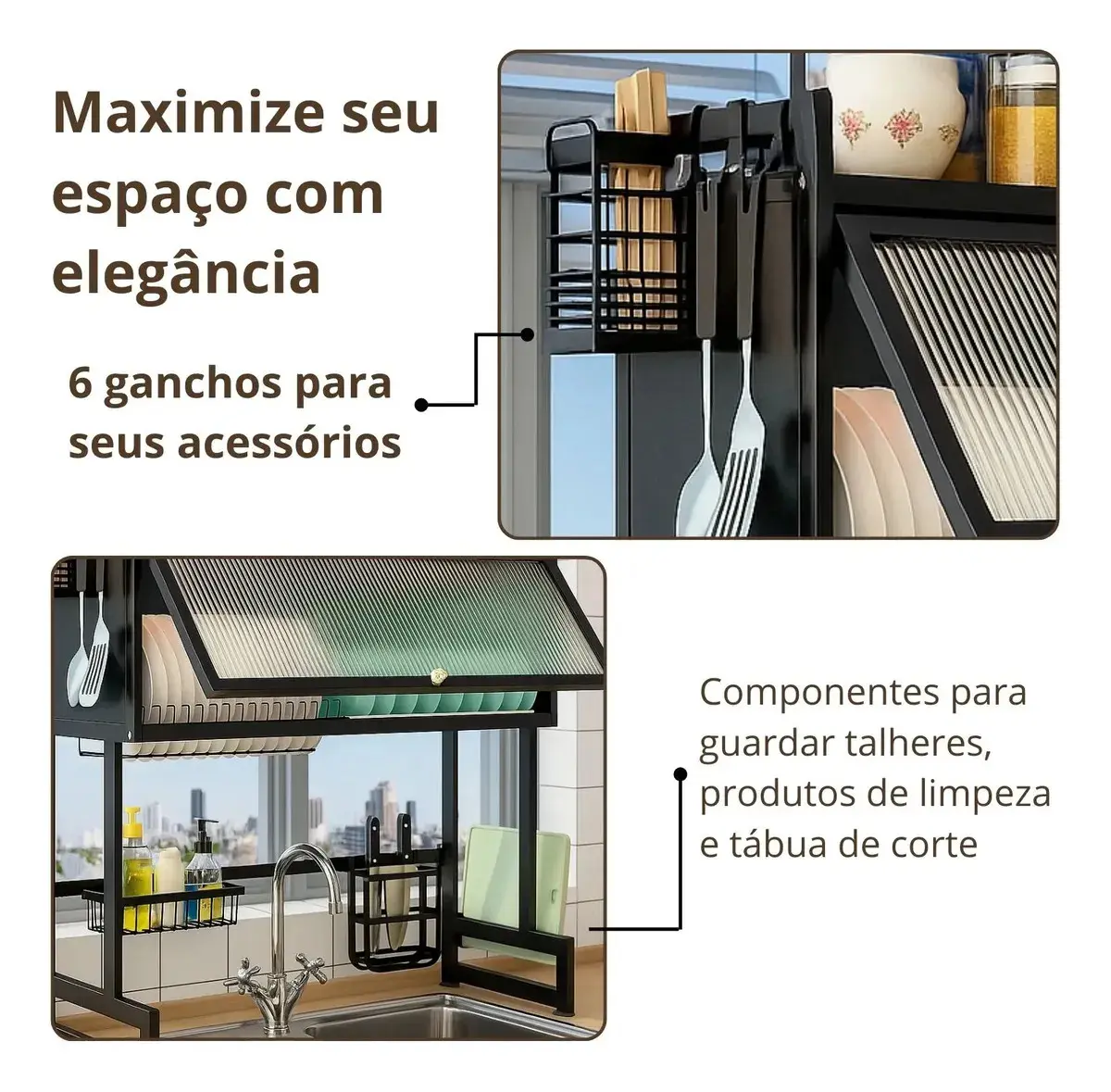 Escorredor de Louças Suspenso 65cm Preto Zelvi para Pratos Copos Talheres Organizador Pia Cozinha com Armário em Aço thumbnail 9