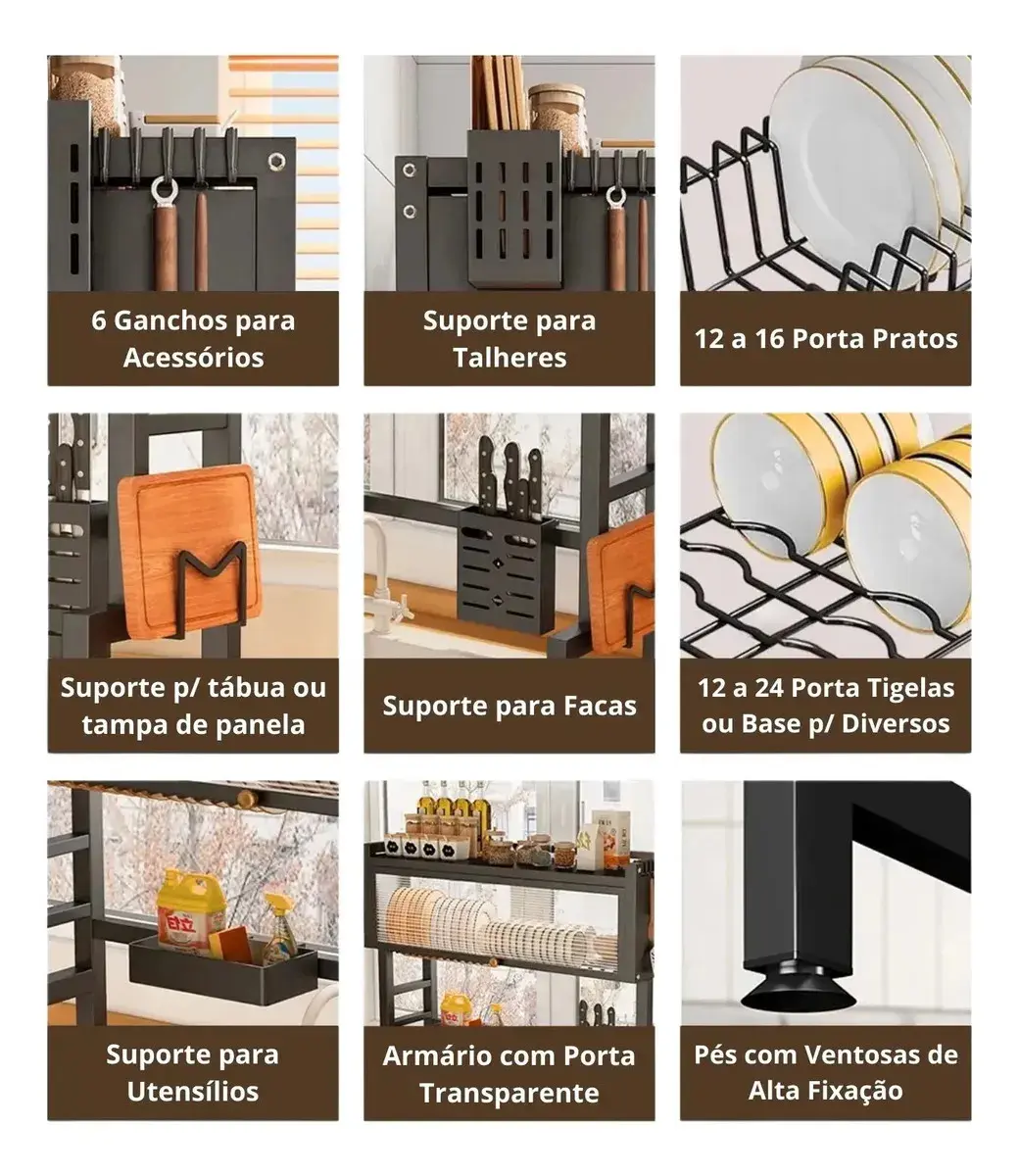 Escorredor de Louças Suspenso 65cm Preto Zelvi para Pratos Copos Talheres Organizador Pia Cozinha com Armário em Aço thumbnail 10