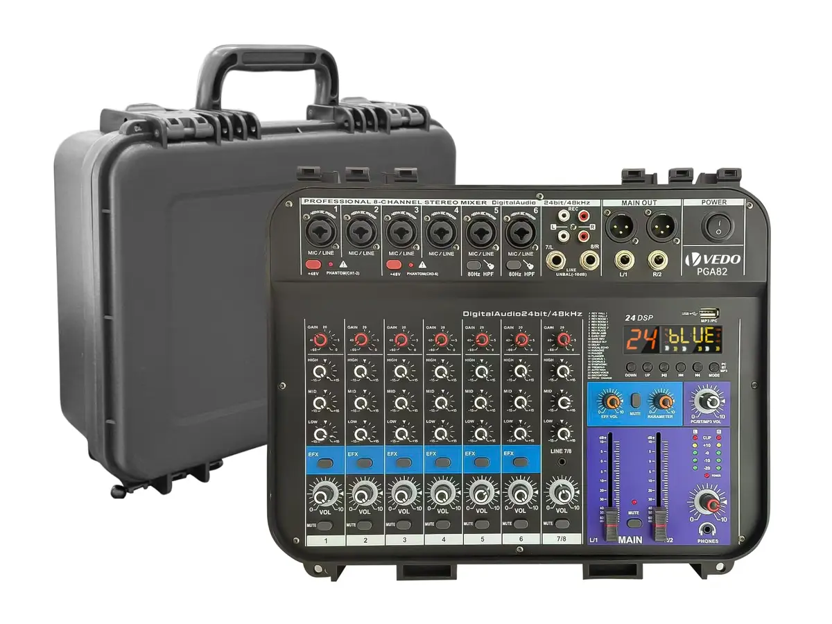 VEDO Mixer de áudio profissional portátil de 8 canais com dois amplificadores de 150 W, Bluetooth 5.0, fonte de alimentação de 48 V e porta USB para PC/MP3 para apresentações ao vivo e conferências