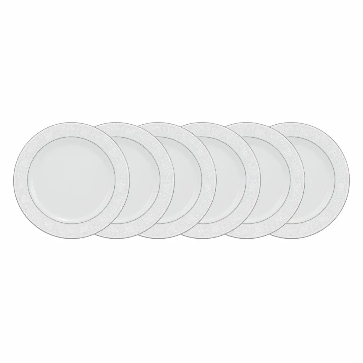 Estojo com 6 Pratos Rasos. Modelo Redondo Itamaraty. Decoração Martha. Fabricado pela Porcelana Schmidt.