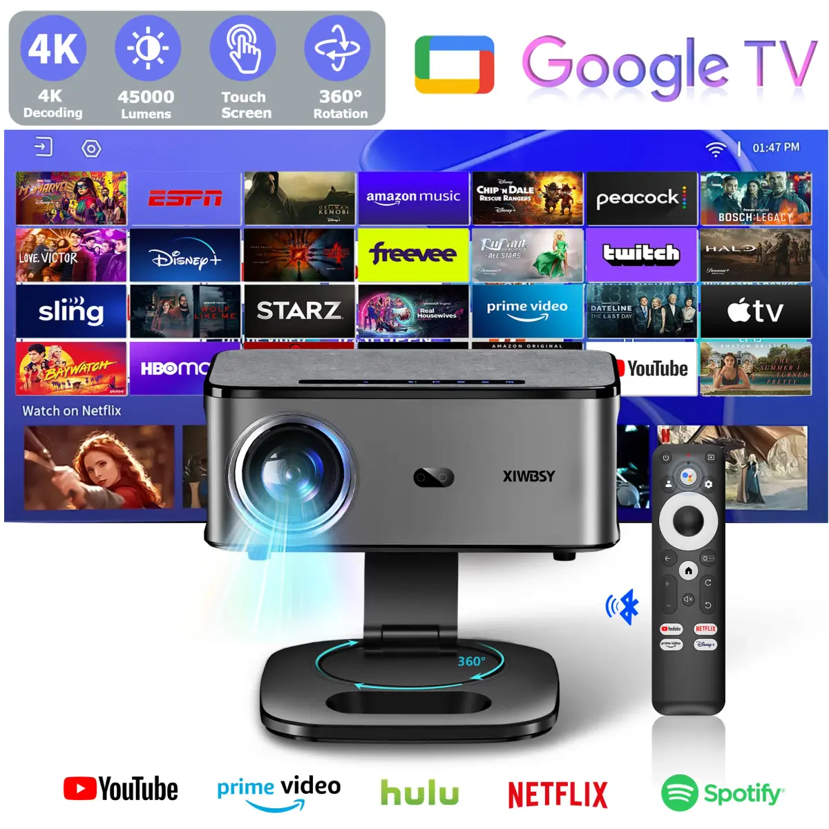 Projetor Portátil XIWBSY 45000 Lumens com Google TV, Projetor 4K Android 14.0, Projetor para Luz Diurna, Projetor de Vídeo 8K para Home Theater