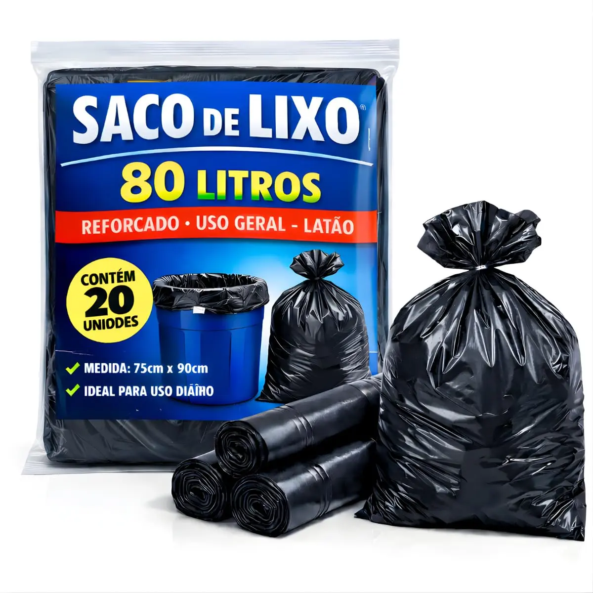 SACO DE LIXO PRETO 80 LITROS REFORÇADO C/ 20 UNIDADES,UTILIZAÇÃO EM TAMBOR, CASA, COMÉRCIO, EMPRESA E USO GERAL