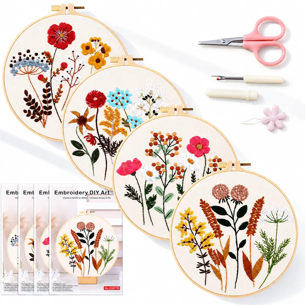 Kit de Bordado DIY 4 Padrões Flores Plantas, Bastidor Bambu 20cm, Tecido Estampado, Kit Completo Para Iniciantes, Decoração e Presente Artesanal