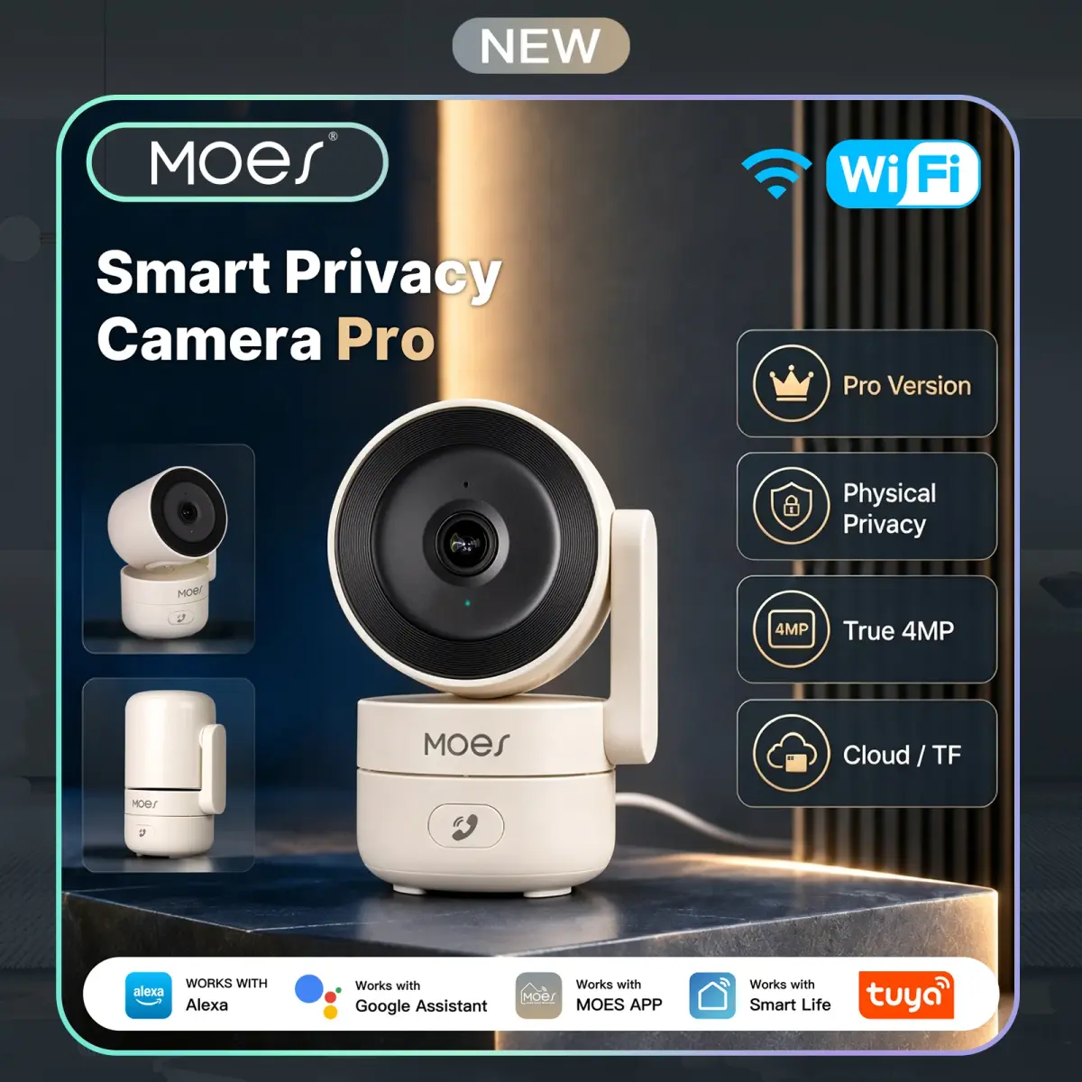 Câmera de Segurança Inteligente MOES Tuya WiFi Interna Pan/Tilt 4MP HD com Visão Noturna Infravermelha e Detecção de Movimento e Som