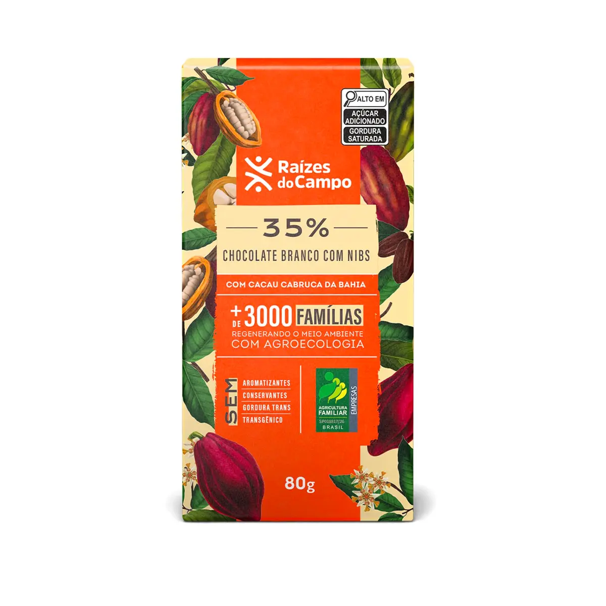 Raízes do Campo Chocolate Branco 35% Cacau com Nibs, Barra de 80g, Sem Aromatizantes e Conservantes - 1