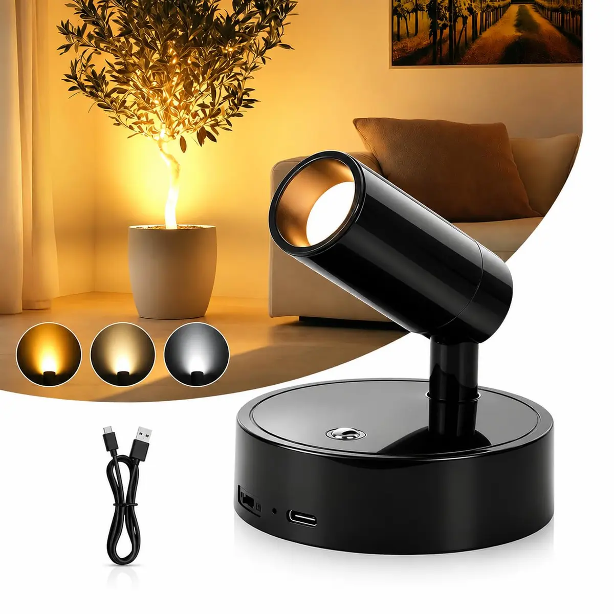 Luminária de Parede Arandela LED Recarregável Magnética Sem Fio | 3 Tons de Luz, Ajuste de Brilho Toque, Rotação 360°, USB-C, Cabeceira Quarto Leitura Portátil - 1