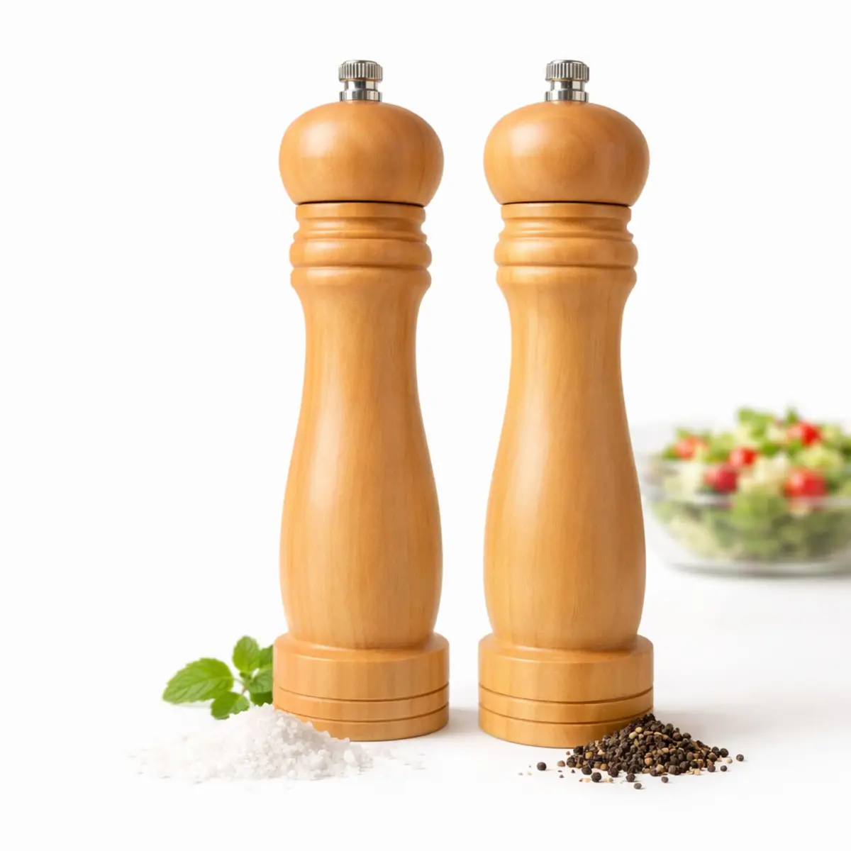 Kit 2 Moedor de Pimenta e Sal em Madeira - Moedor Manual com Refil de Cerâmica e Aço Inox Ajustável, para Sal Grosso, Pimenta do Reino e Temperos