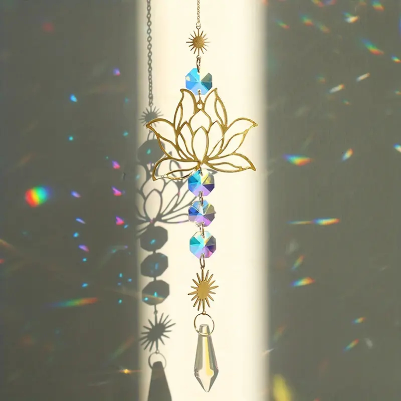 1PcMetalLotusandArtificial Cristal Suncatcher Charme Handmade Aplicável Home Wind Chime Pendant Outdoor Garden Plant Decoração - 1