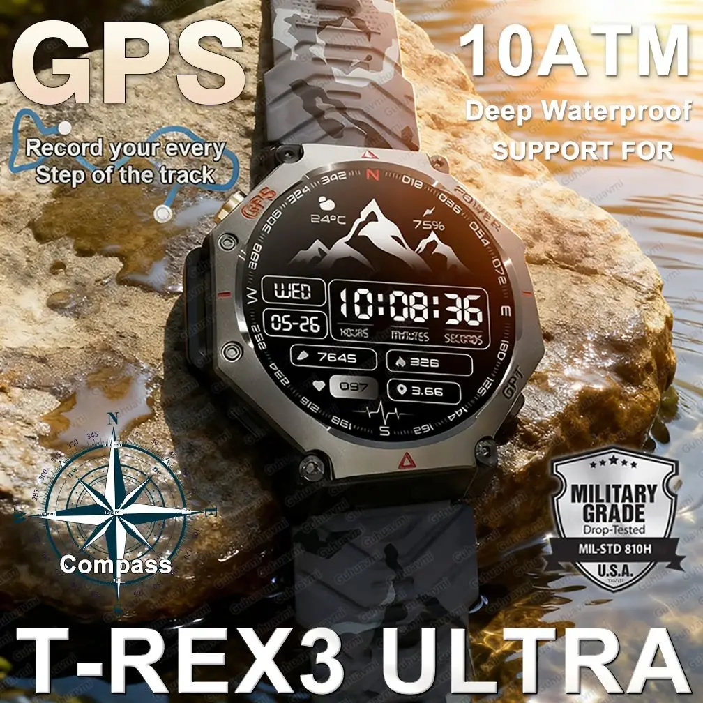 T-rex 3 ultra militar grau gps relógio inteligente 10atm à prova dwaterproof água bússola altímetro barométrico amoled masculino hd chamada esportes smartwatch