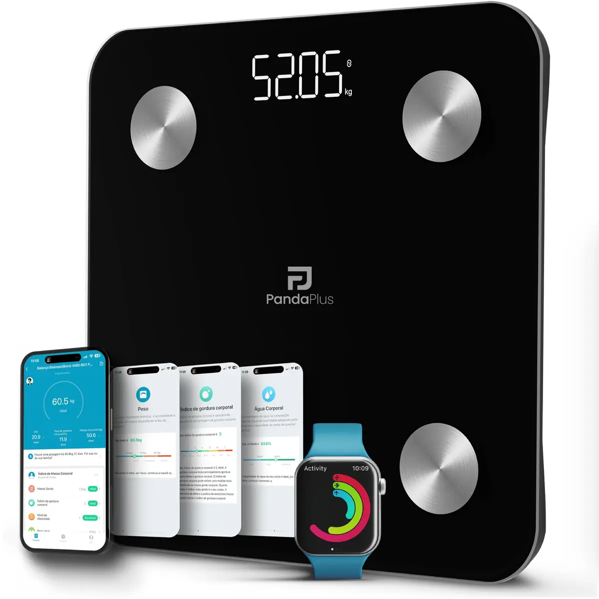 Balança de Bioimpedância Inteligente Smart 13 Métricas IMC Saúde Fitness Nutrição Academia 180kg Bluetooth App Panda Plus Tuya Google Fit Apple Health (Preto) - 1