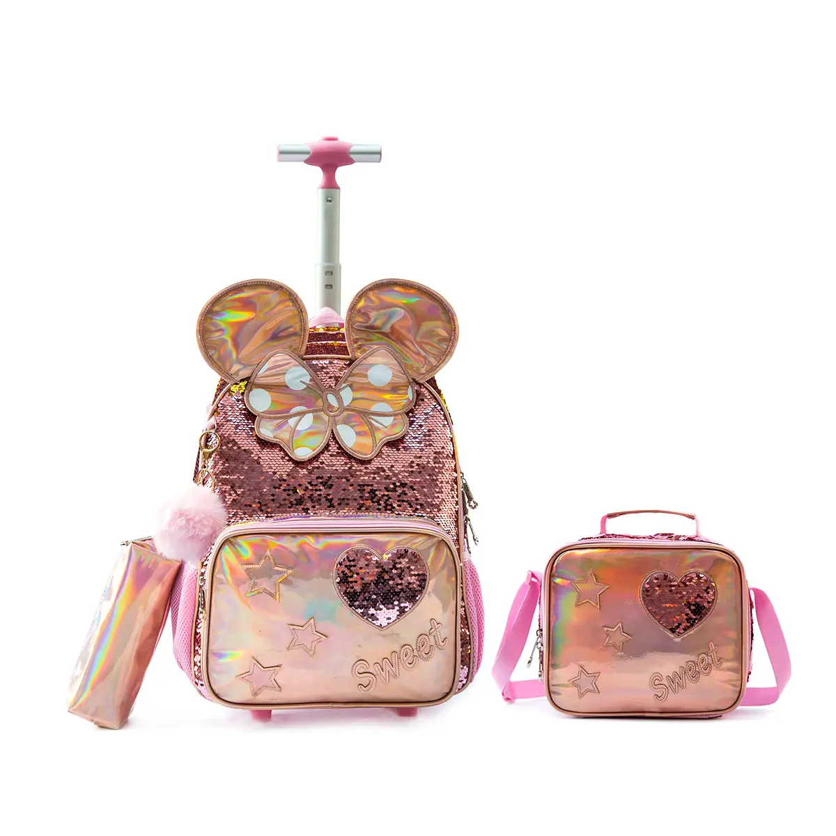 Mochilas de Rodinhas Infantis CUTBLAJAT - Kit Bolsa Feminina, Lancheira e Estojo, Rosa com Brilho Dourado e Detalhes de Borboleta e Coração