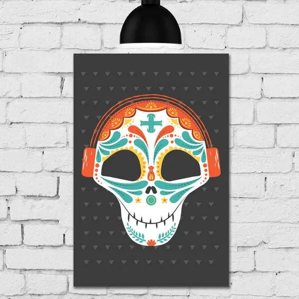 Placa Decorativa MDF Caveira Mexicana Com Fone de Ouvido - 1