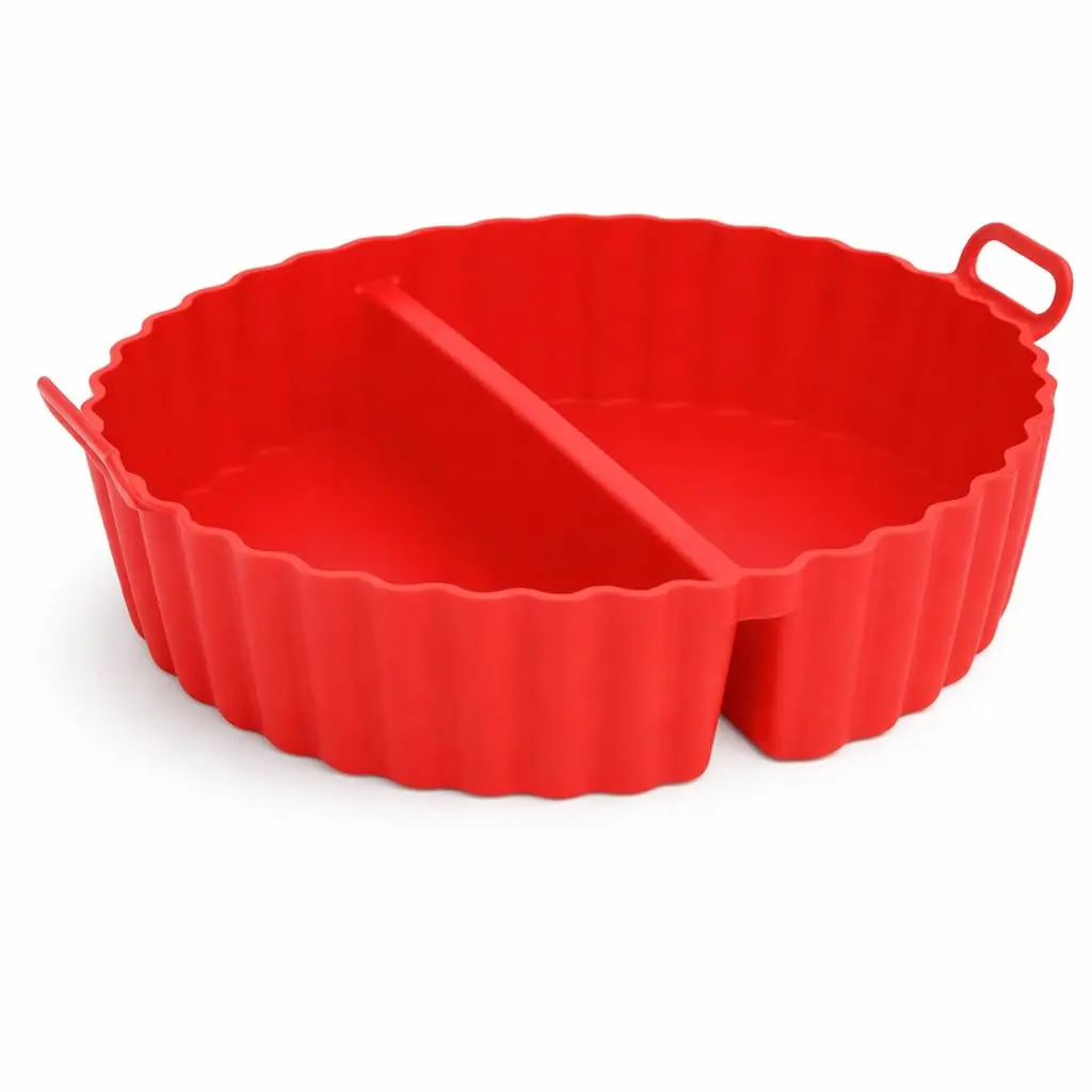 Forma de Silicone para Airfryer 20,5cm Redonda com Divisória, Antiaderente, Reutilizável, Flexível, Cesta Ideal para Air Fryer, Forno e Micro-ondas (Vermelho)