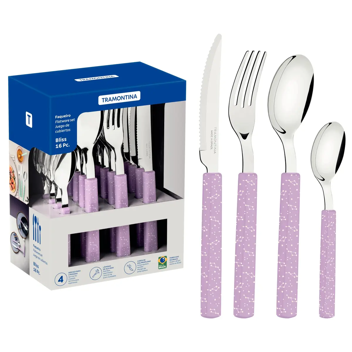 Faqueiro Tramontina Bliss com Lâminas em Aço Inox e Cabos de Polipropileno Lavanda 16 Peças - 1