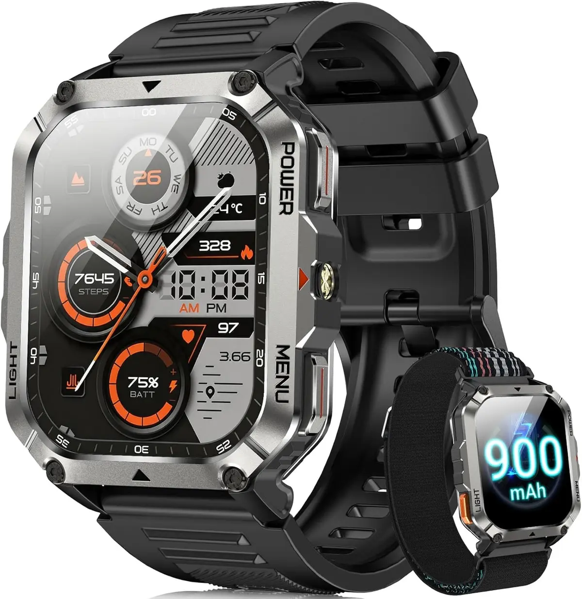 Blackview Relógio Inteligente Smartwatch Militar Chamadas Bluetooth, Tela Full HD 2.01", Bateria 900mAh até 7 Dias, 100+ Modos Esportivos, IP68 à Prova D'Água, 2 Pulseiras, Compatível Android e iPhone