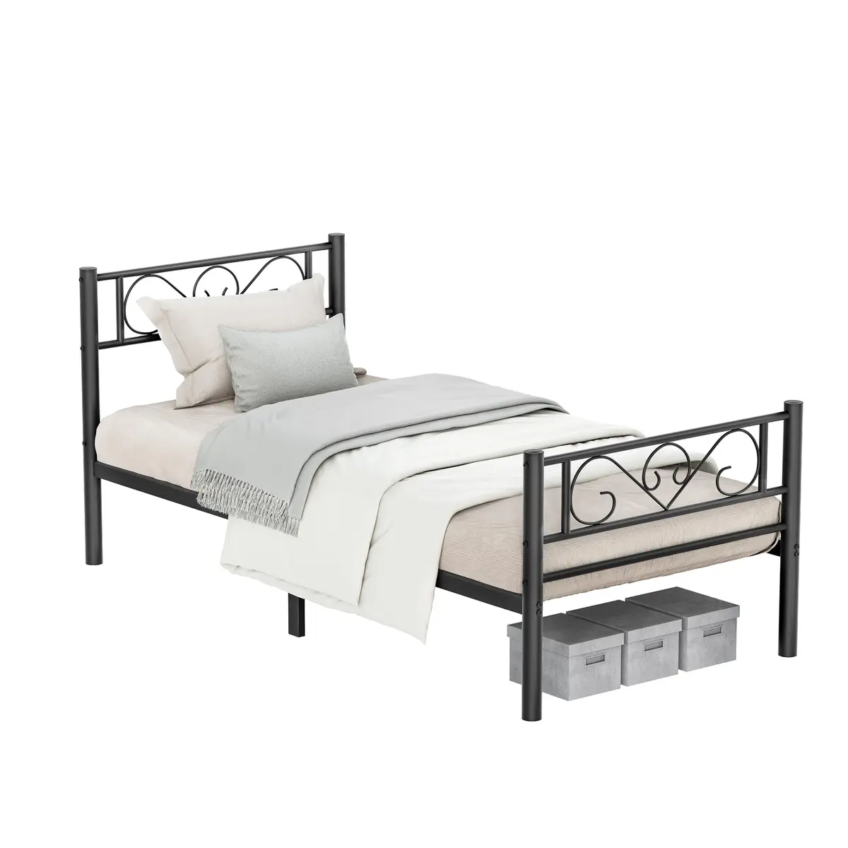 VASAGLE Estrado de Cama de Solteiro, Estrutura de Metal, Compatível com Colchão de 90 x 190 cm, Montagem Fácil, para Espaços Pequenos, Quarto de Hóspedes, Preto BRRMB061B01