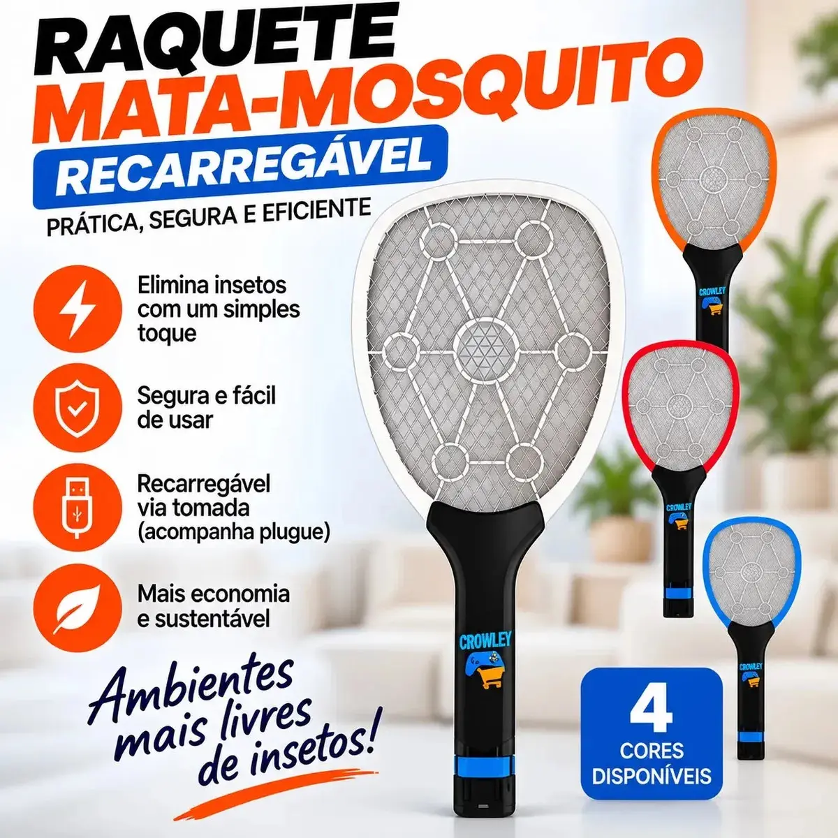 Raquete Elétrica Mata Mosquito Mosca Pernilongo Dengue Insetos Bateria Recarregavel Bivolt - Crowley - 1