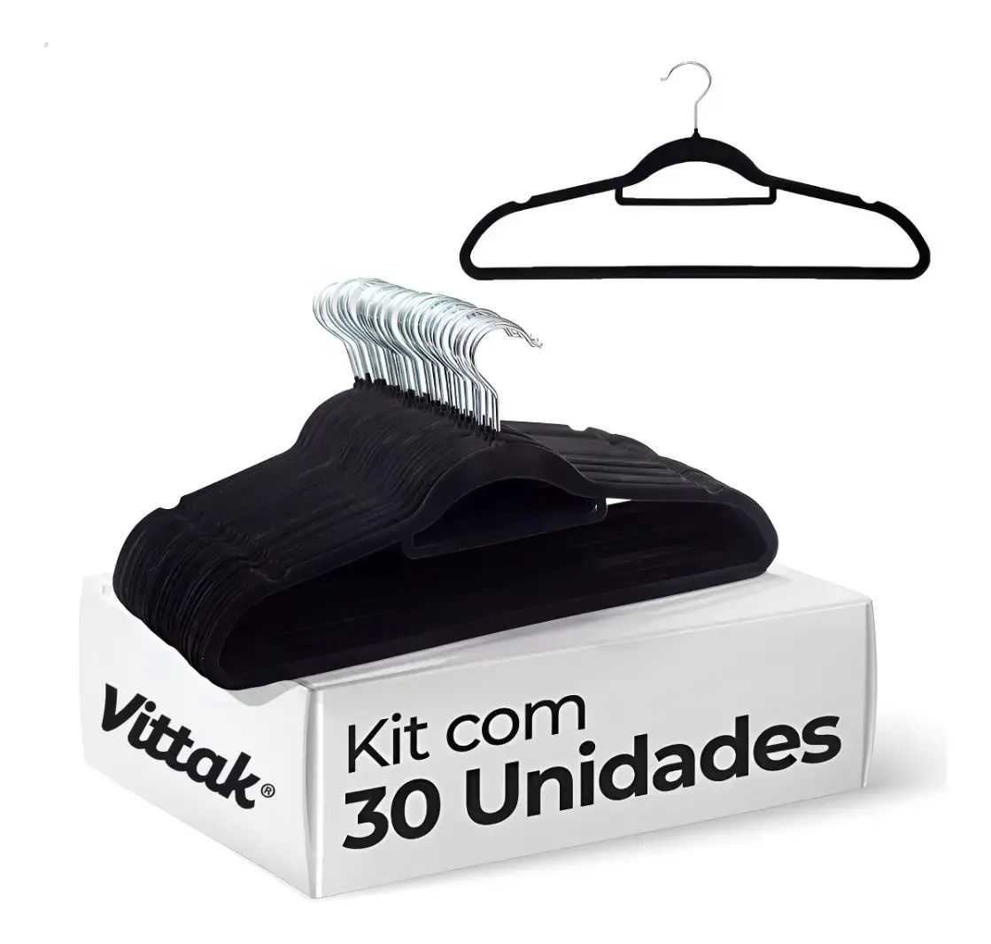 Vittak Kit 30 Cabides Veludo De Roupa Antideslizante Slim Adulto Cor Preto