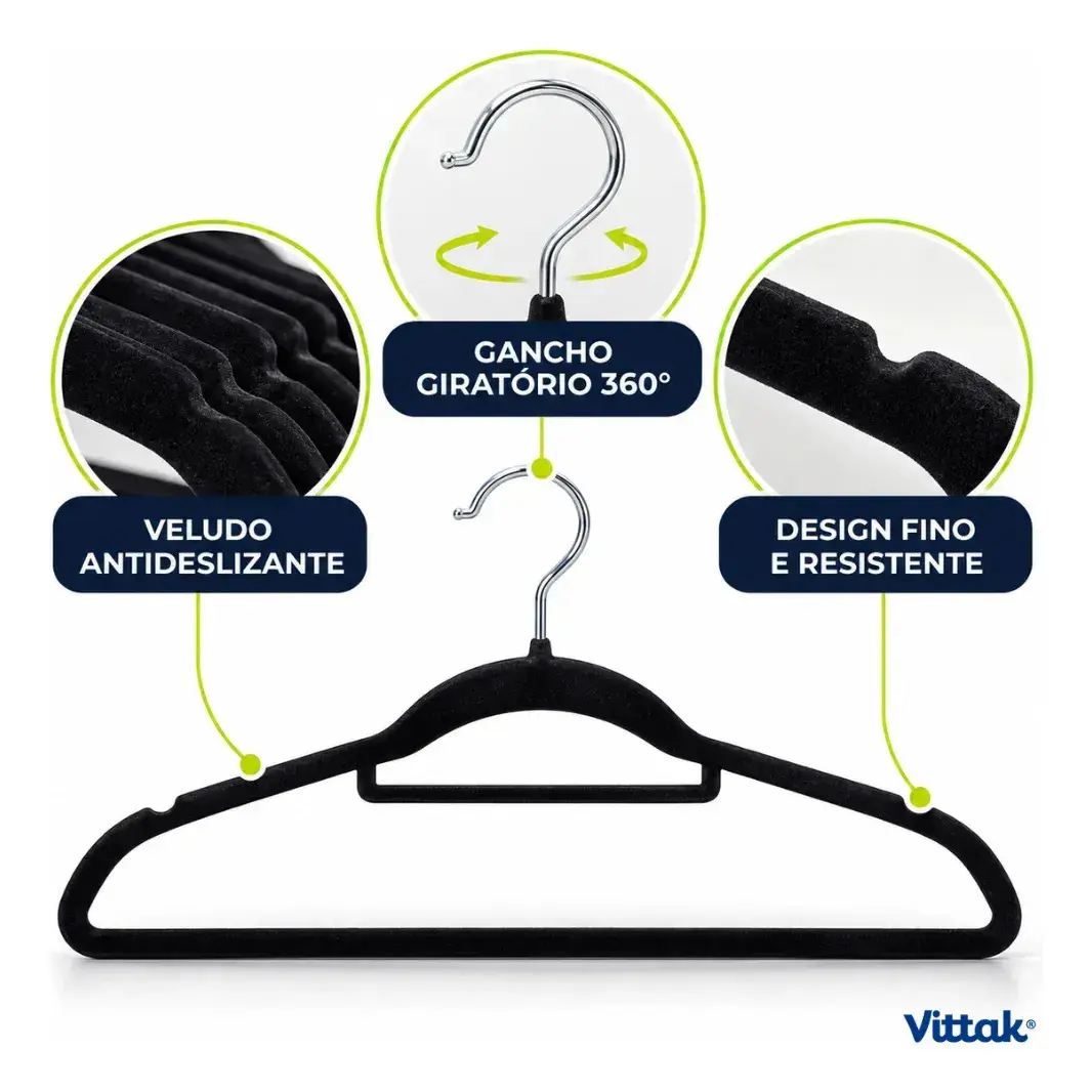 Vittak Kit 30 Cabides Veludo De Roupa Antideslizante Slim Adulto Cor Preto thumbnail 2
