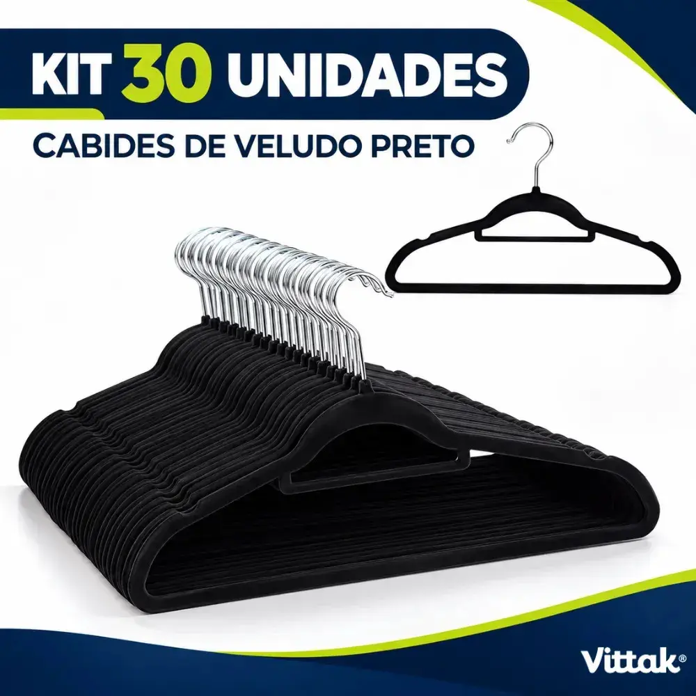 Vittak Kit 30 Cabides Veludo De Roupa Antideslizante Slim Adulto Cor Preto thumbnail 5