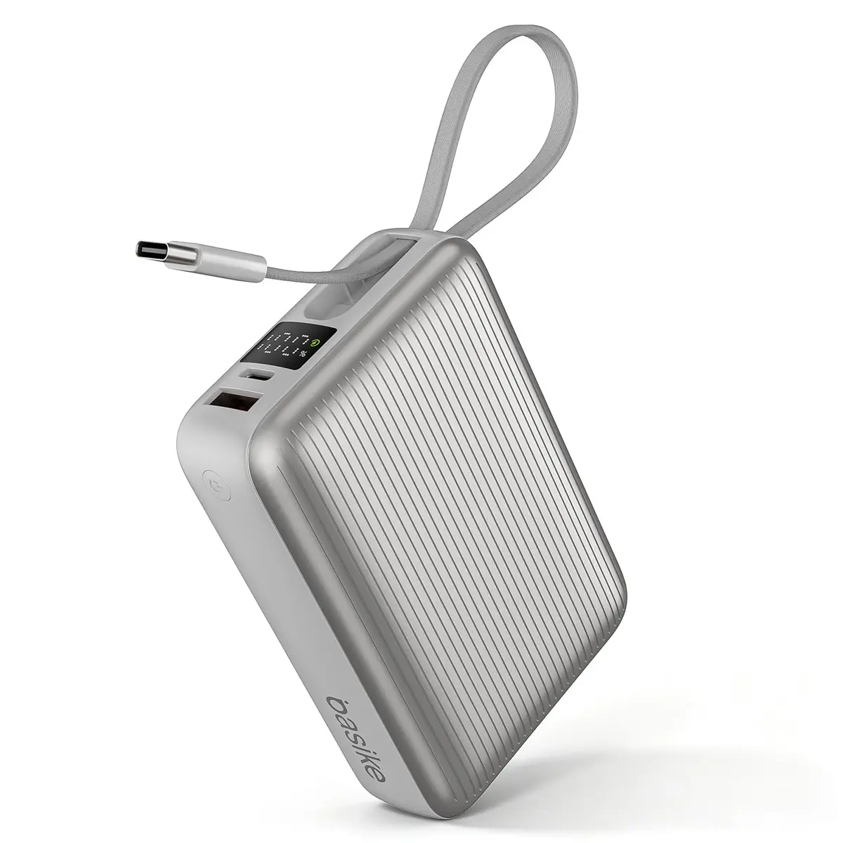 Basike Power Bank 20000mAh 45W, Cabo USB-C Integrado, Compacto, Prata | Carregador Portátil, 3-Saídas, Bateria Externa de Carregamento Rápido PPS/PD/QC para iPhone Séries 16-13, Samsung S25-21