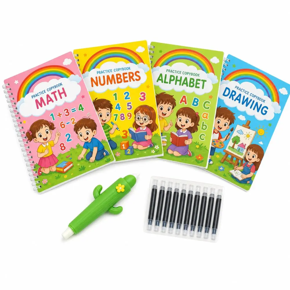 Kit 4 Cadernos de Caligrafia Mágica Infantil Reutilizável com Caneta que Apaga Sozinha - Prática de Alfabeto, Números, Matemática e Desenho para Pré-escola