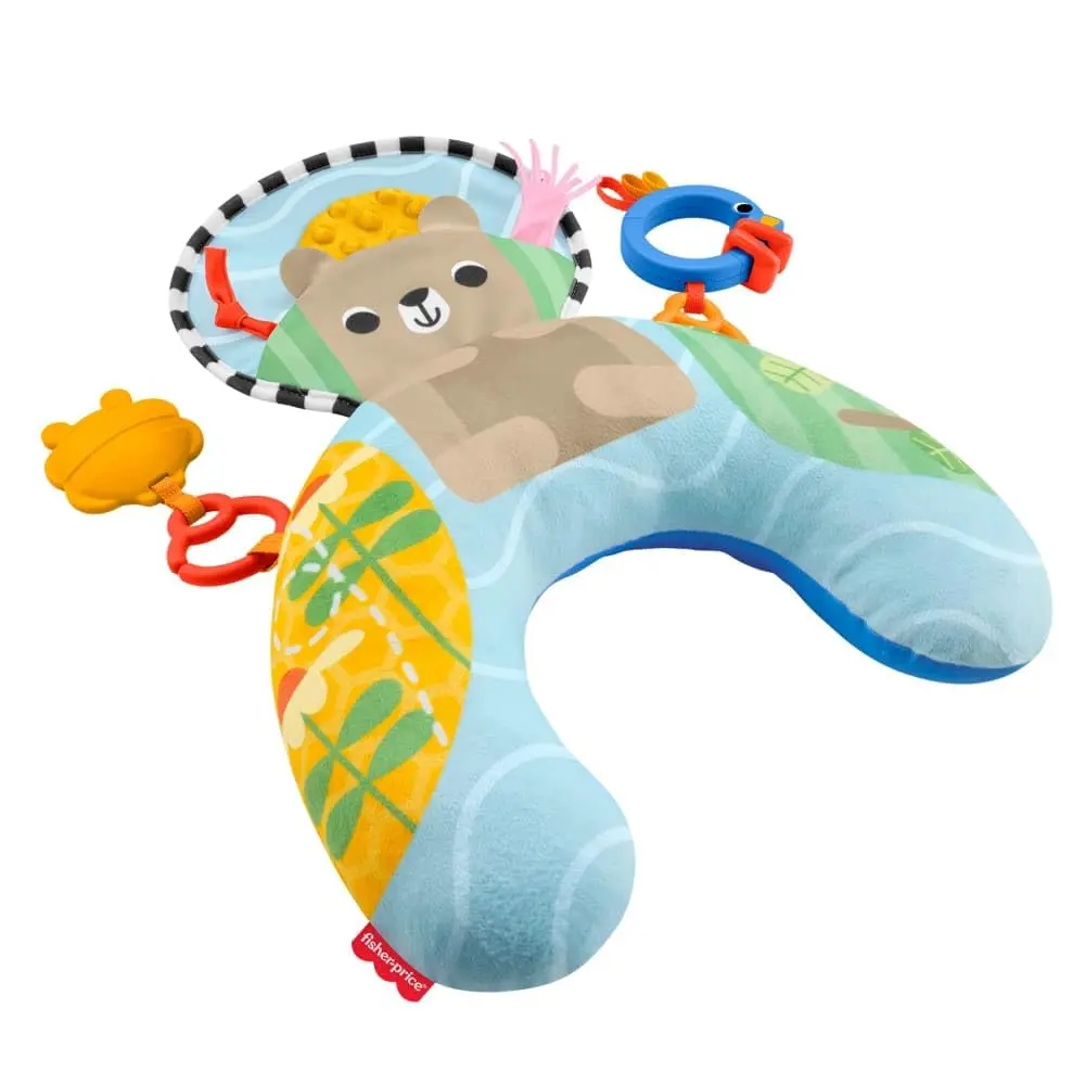 Fisher-Price Almofada Sensory Adventures: apoio de bruços com texturas, mordedor e chocalho para fortalecer pescoço e estimular os sentidos.