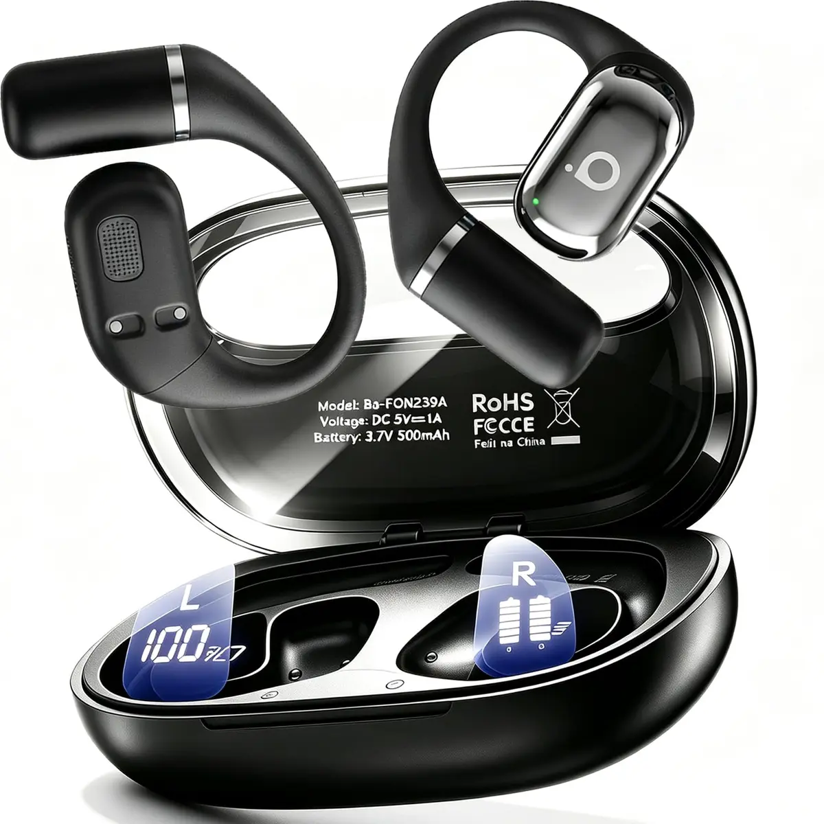 Basike Fone de Ouvido Bluetooth, Fone OWS Conexão Dupla Dispositivos(Preto) | Fone sem Fio Bluetooth 6.0 com Tela LED, Bateria de 68h, ENC Cancelamento de Ruído, Áudio Estéreo, IPX6, Baixa Latência - 1