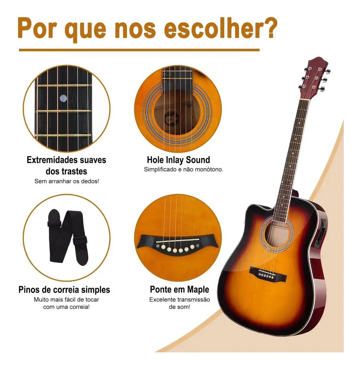 Violão Eletroacústico para Iniciante Destro com 6 Cordas e Acessórios thumbnail 3