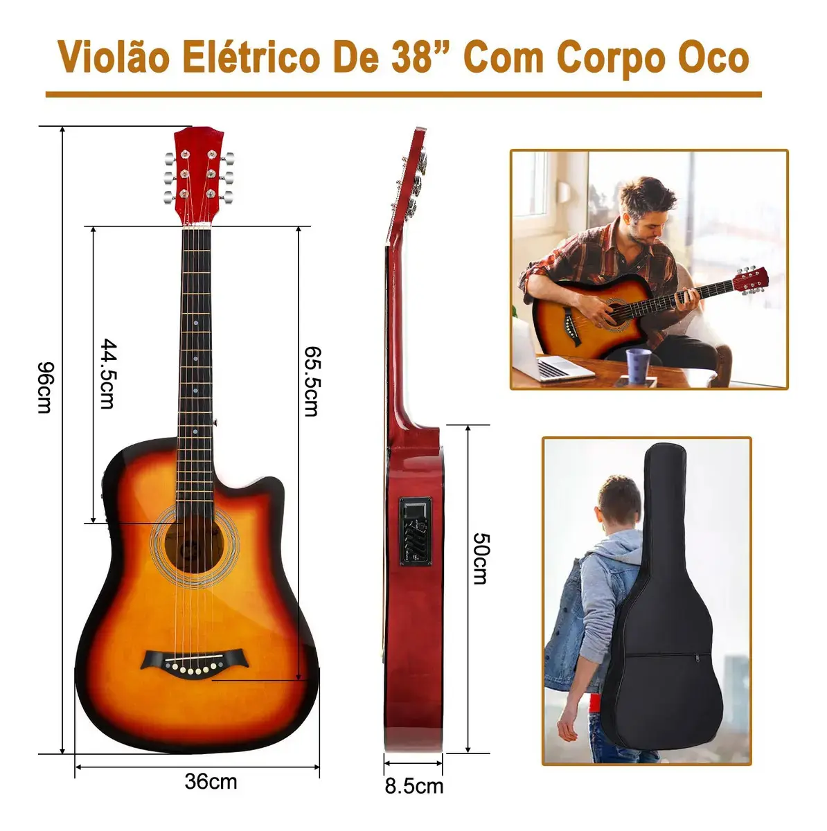 Violão Eletroacústico para Iniciante Destro com 6 Cordas e Acessórios thumbnail 6