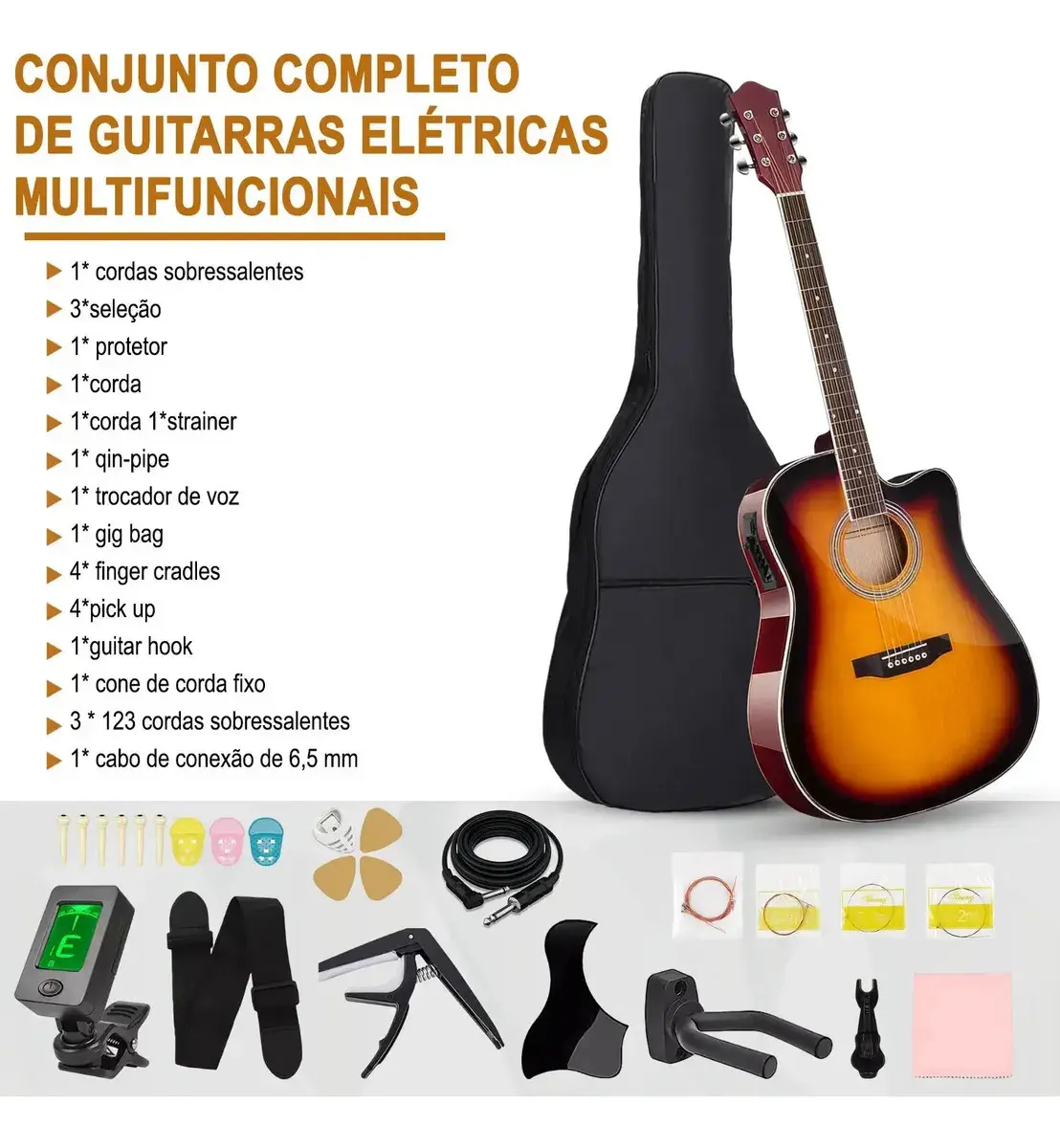 Violão Eletroacústico para Iniciante Destro com 6 Cordas e Acessórios thumbnail 10