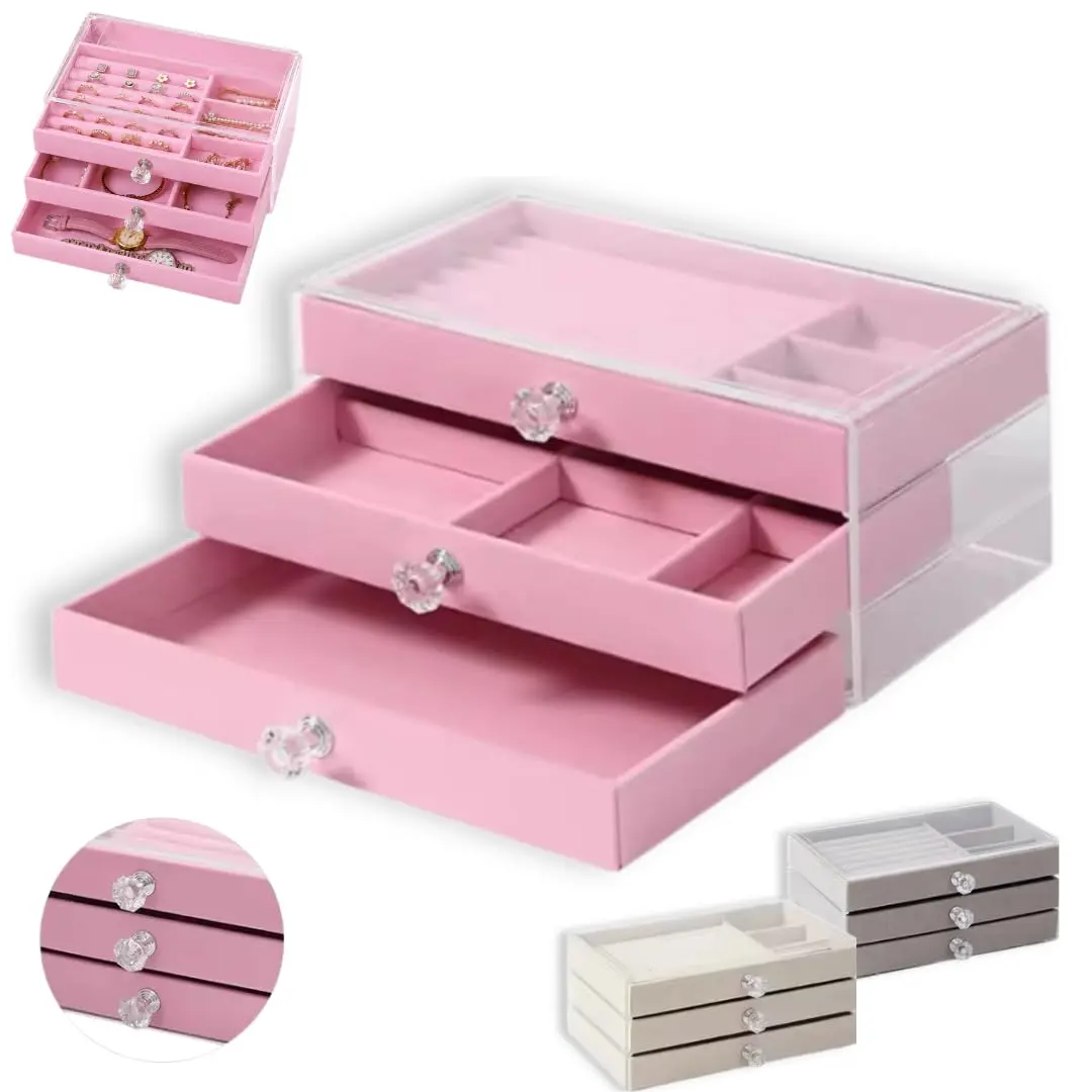 Porta Joias Acrílico 3 Gavetas | Organizador Transparente Para Brincos, Colares, Pulseiras, Anéis e Relógios | Modelo Elegante, Compacto e Multifuncional | Cor Rosa