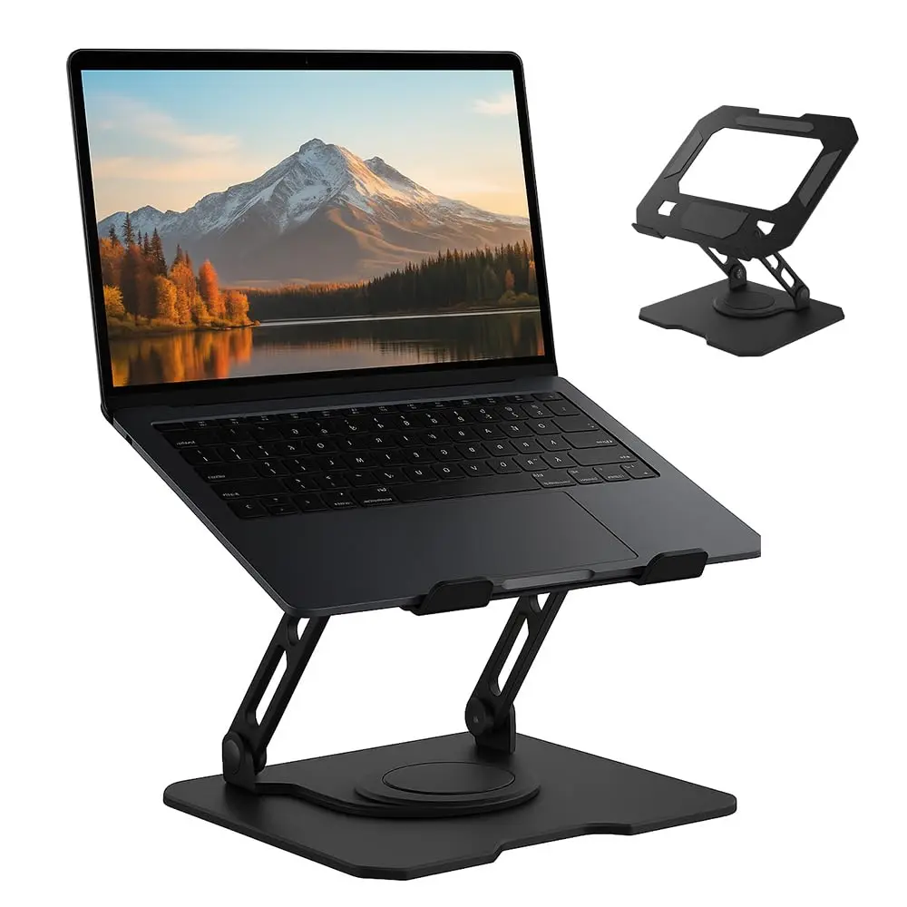 Suporte para Notebook de até 17” em Aço Carbono, Ajustável, Dobrável, Base Giratória 360° e Ventilação, Ergonômico e Portátil para Home Office e escritório, também para tablets e celulares