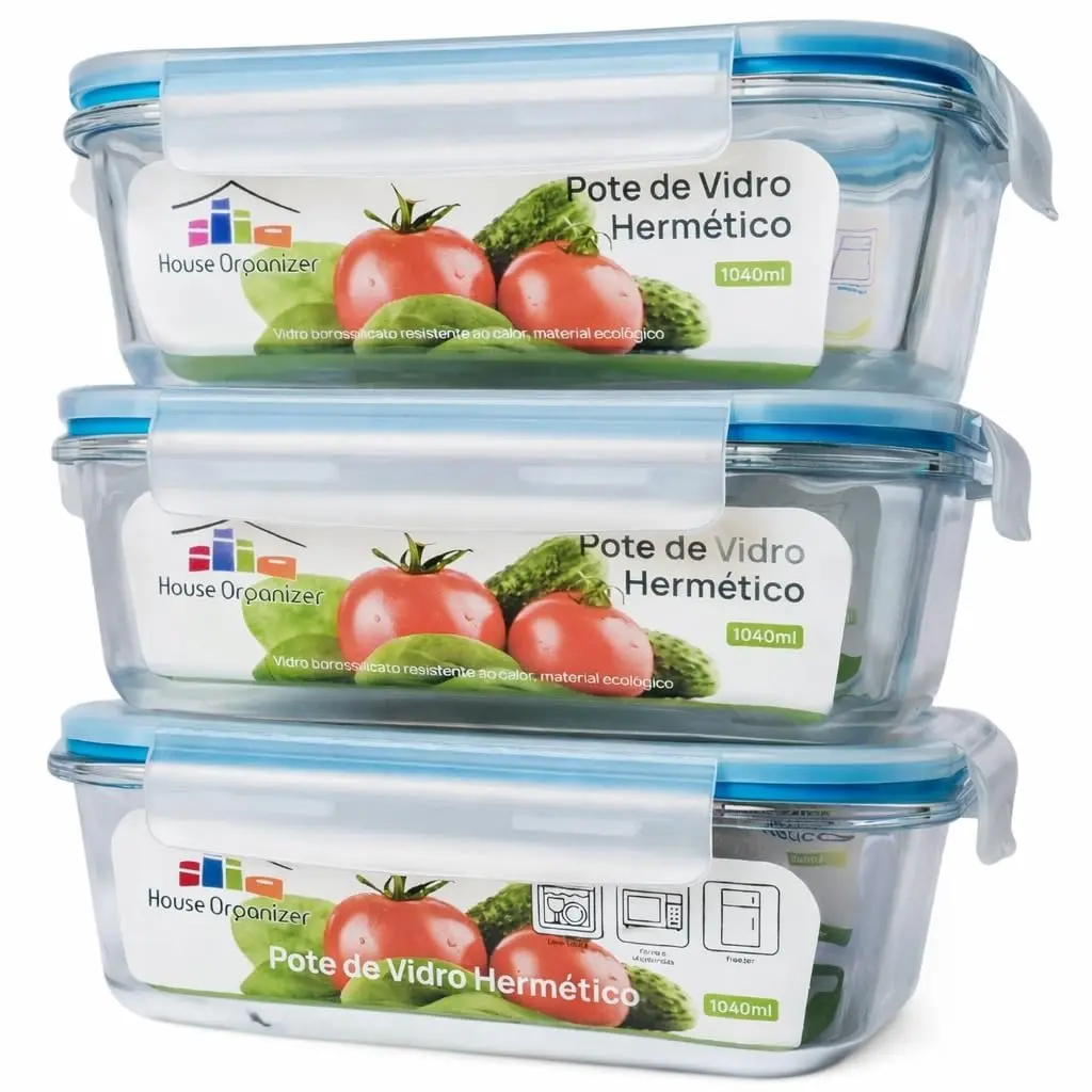 House Organizer Conjunto Kit 3 Potes de Vidro Hermetico com Tampa 1040ml