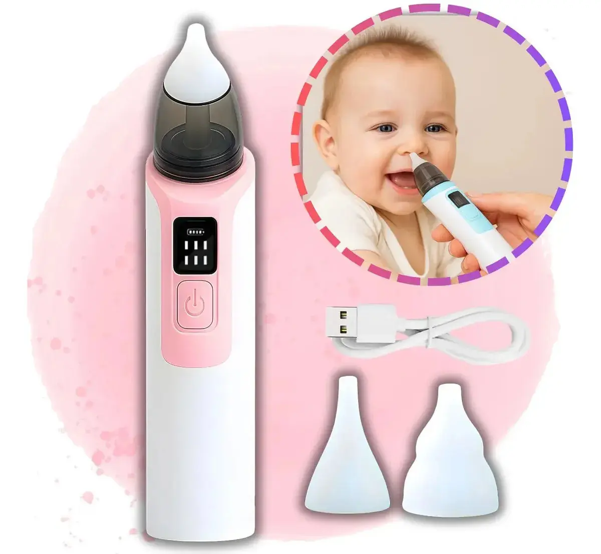 Aspirador Sugador Nasal Bebê Elétrico Limpeza Nariz Ouvido Rosa thumbnail 2