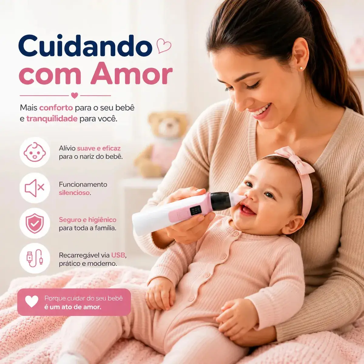 Aspirador Sugador Nasal Bebê Elétrico Limpeza Nariz Ouvido Rosa thumbnail 10