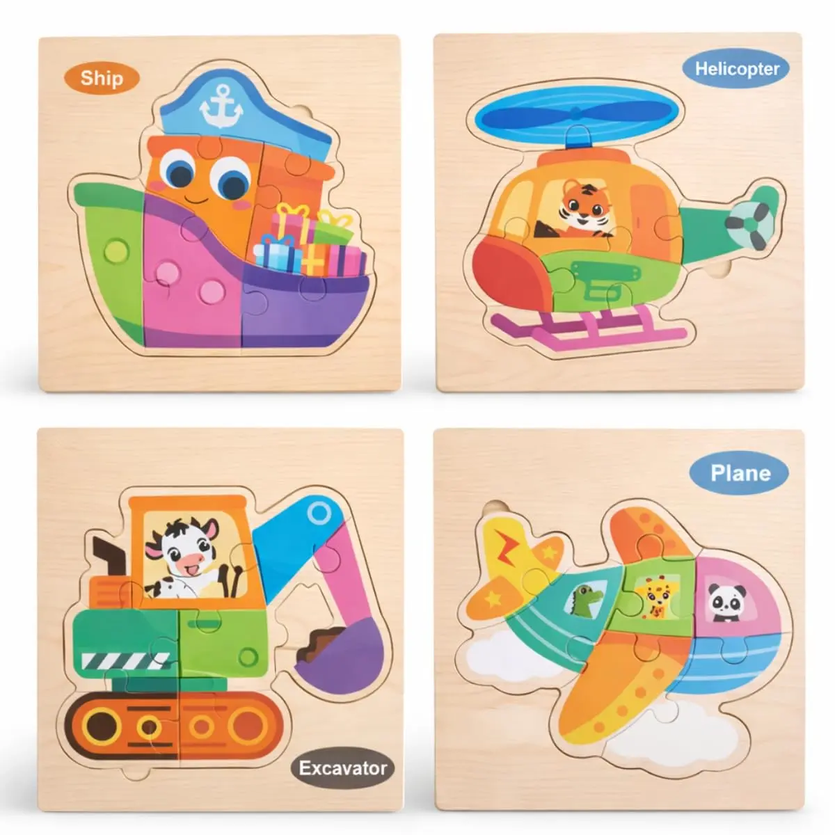 Kit 4 Quebra-Cabeças Infantil de Madeira Montessori Transportes Ingles
